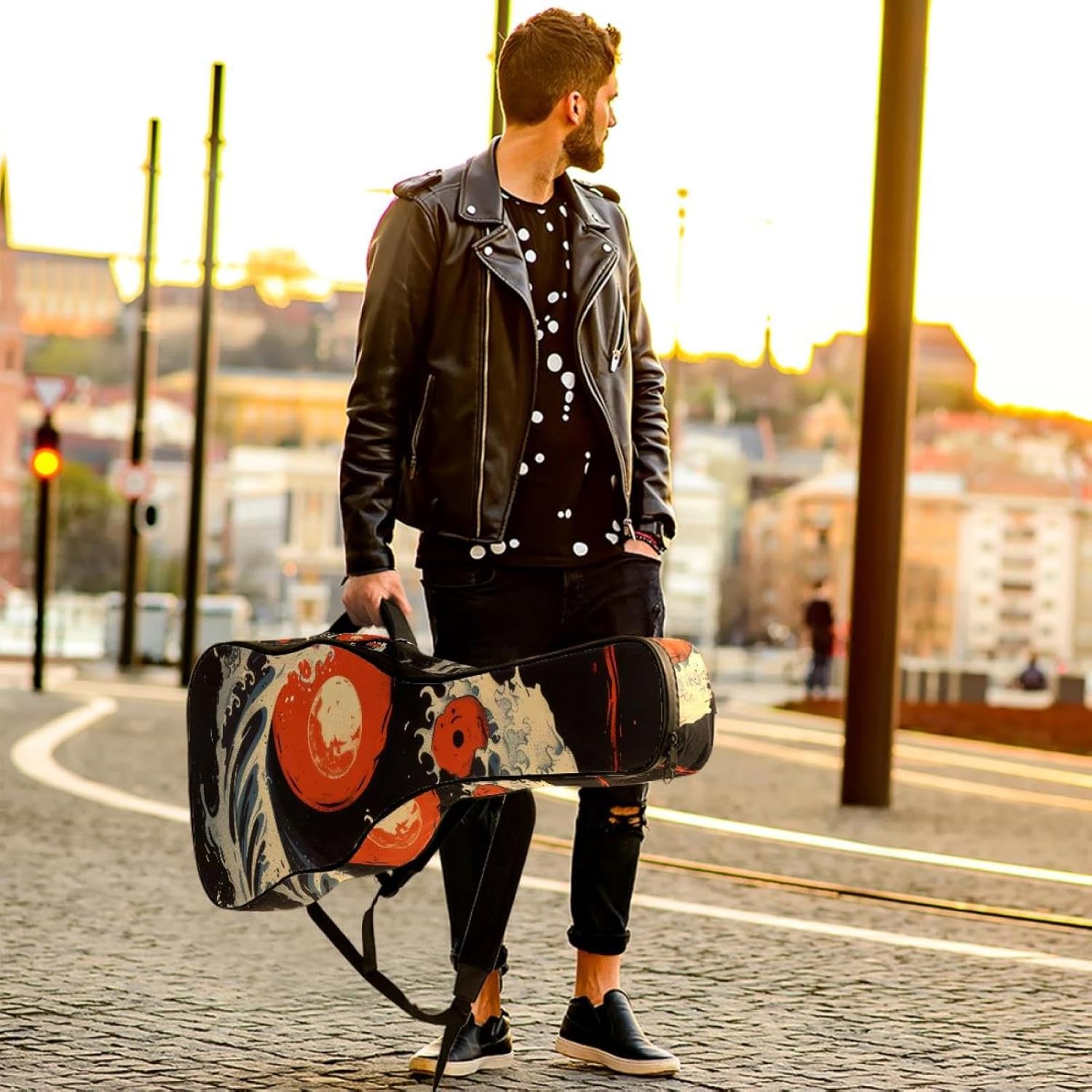 Acoustic Guitar Bag 0.4 Inch Thick Padding Waterproof Guitar Case Gig Bag for 40 41 42 Inch Electric Bass Classical Guitar, Fire Water Chinese Yin Yang Pattern