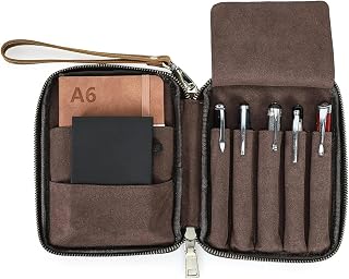 Contacts Leather 5 Pen Case Travel Organizer with A6 Journal | 5 Pencil Bags, 2 Notebook Bags, Large Fountain Pen Holder, Vintage Soft Suede Interior, Removable Wrist Strap
