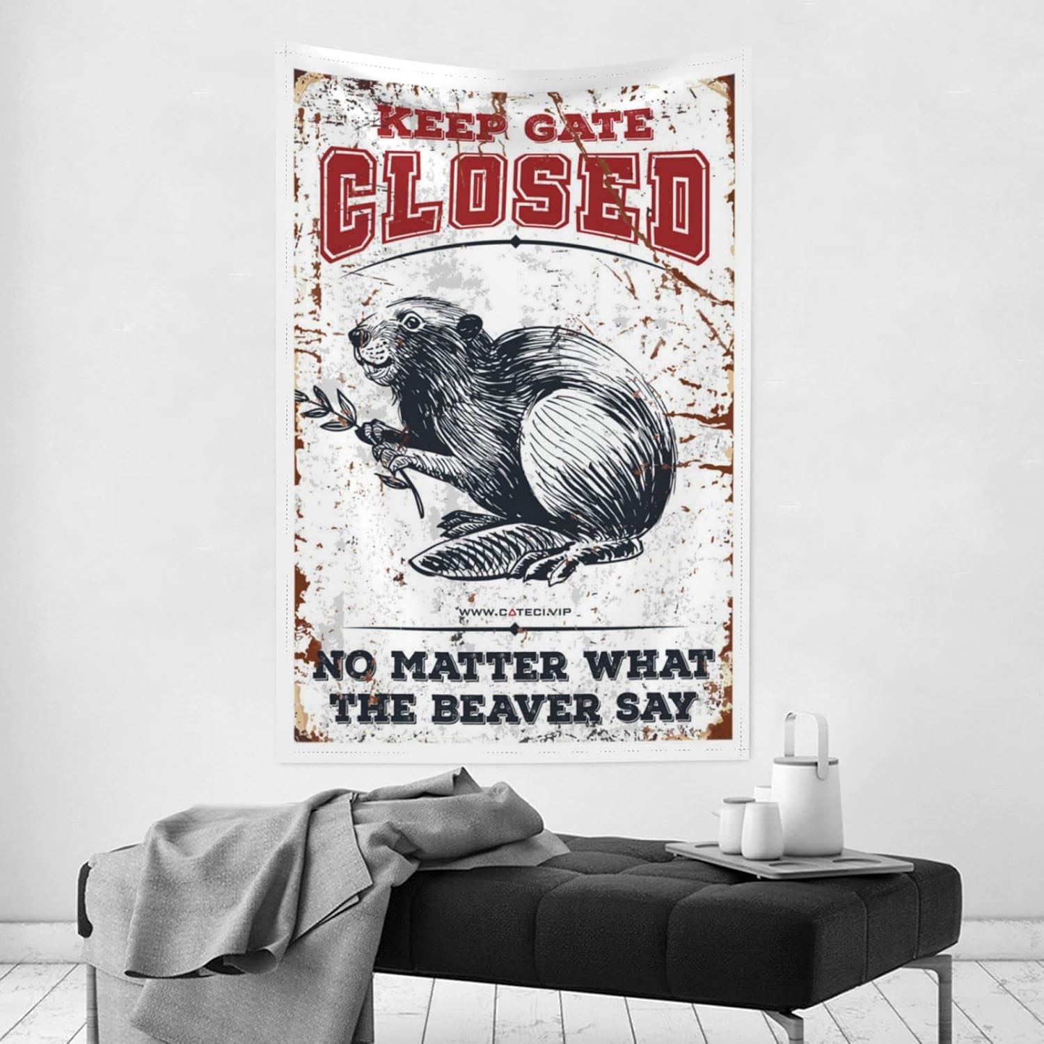 Home Decor for Men Keep Gate Closed No Matter What The Beaver Say Tapestry Gaming Room Home Decor Men(75X100CM) image 2