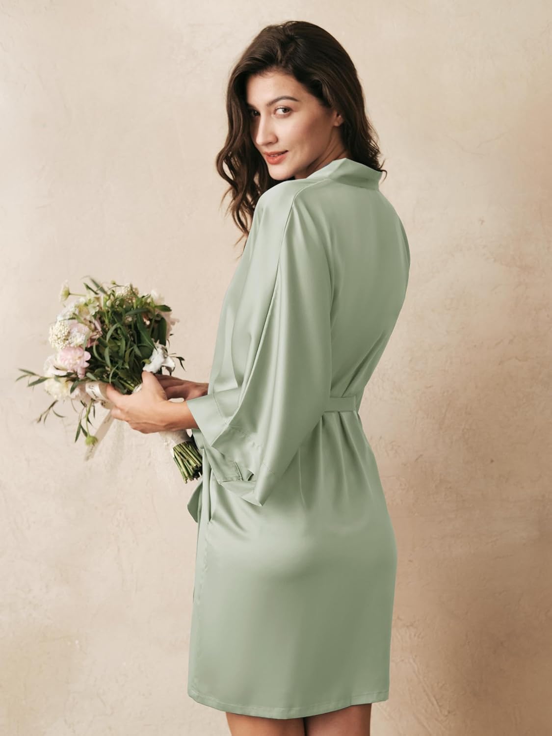 AW BRIDAL Silk Robes for Women, Short Bridesmaid Robes for Bridal Wedding Party, Bride Satin Bathrobe with Long Sleeve - Image 2