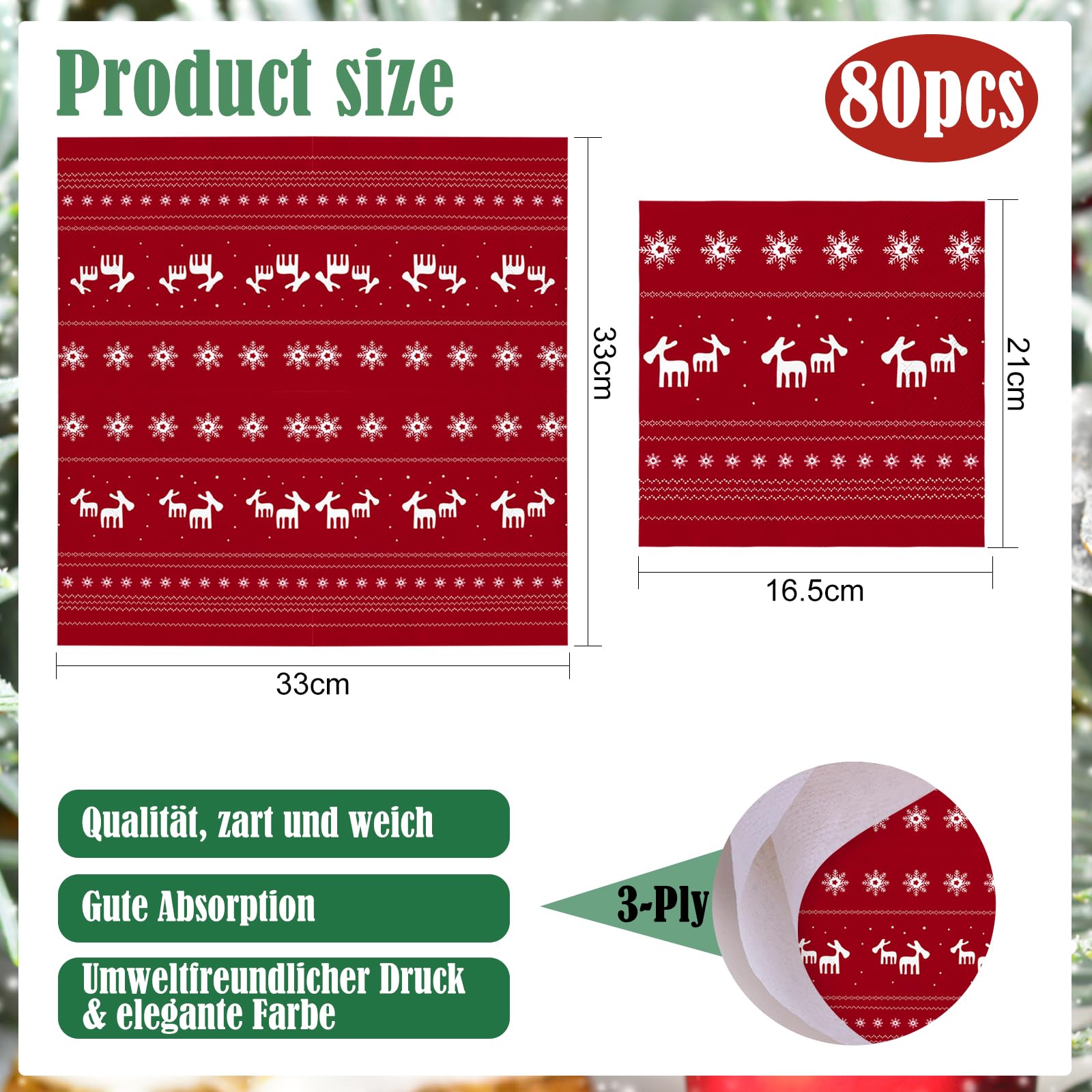 LYLIDIA 80 stuks papieren servetten Kerstmis kerstboom servetten 33 x 33 cm 2-laags servetten winter Kerstmis servetten hert kersttafel decoratie