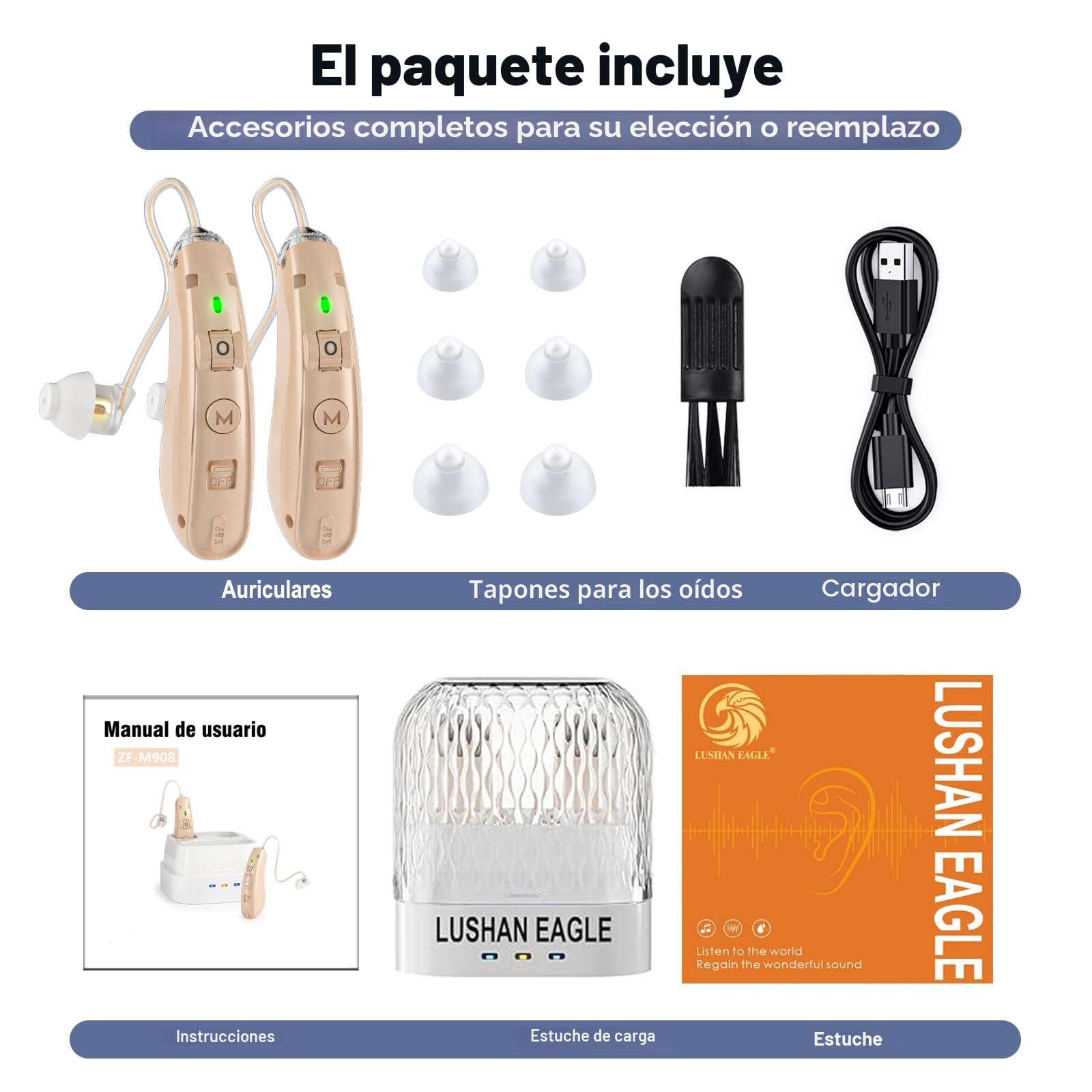 Auriculares amplificados Amplificador de sonido Recuperan un sonido claro Reducción de ruido inteligente con chip digital recargable