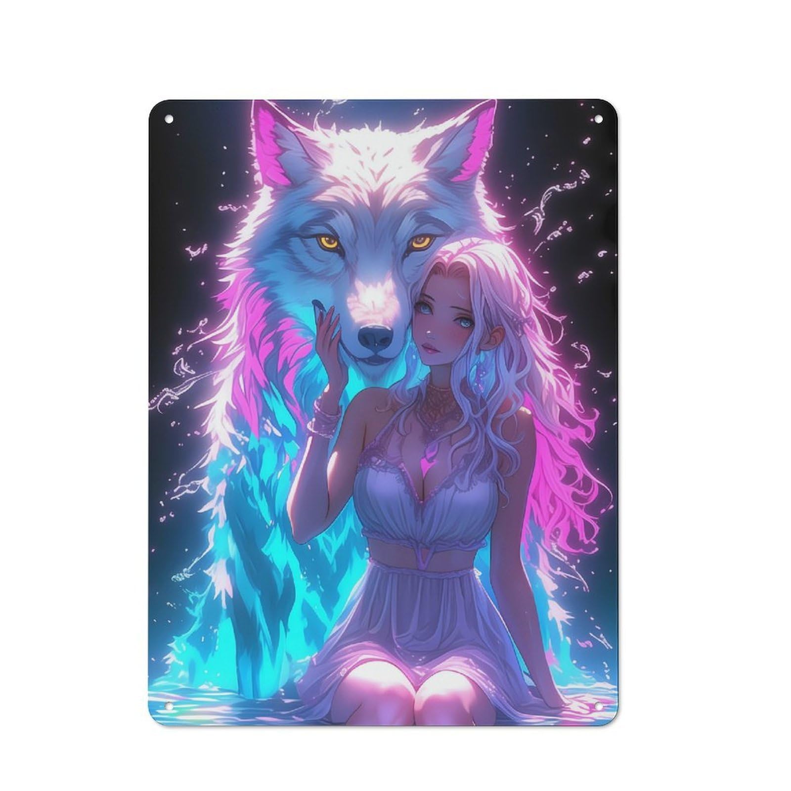Retro Guardian with Neon Wolf Metal Gift Sign 40x30cm, Home Wall Decor for Flat, Dorm Room, Lounge Or Cafe