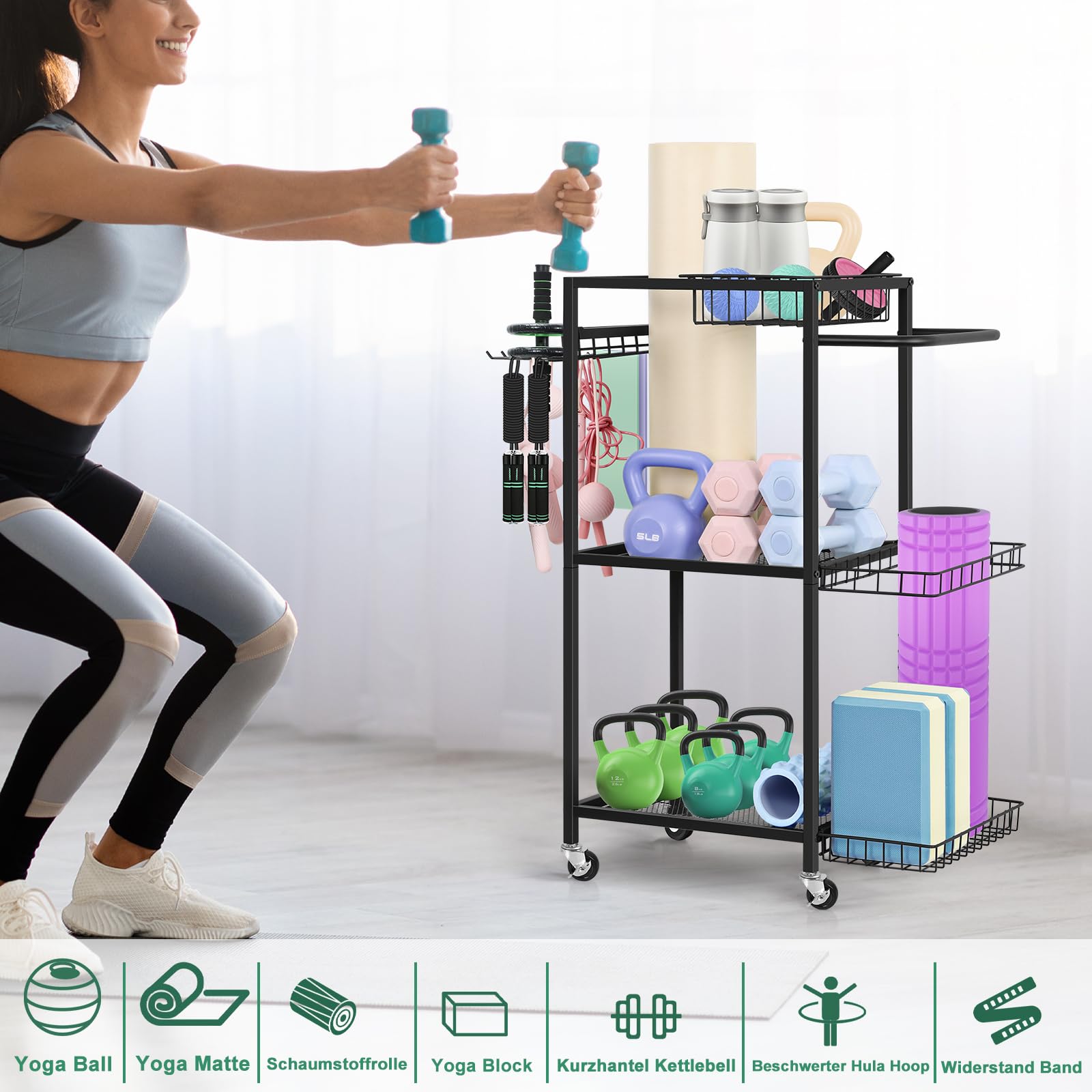 Soporte para equipo deportivo y yoga, 3 niveles de almacenamiento, ruedas y 8 ganchos, para hogar y fitness