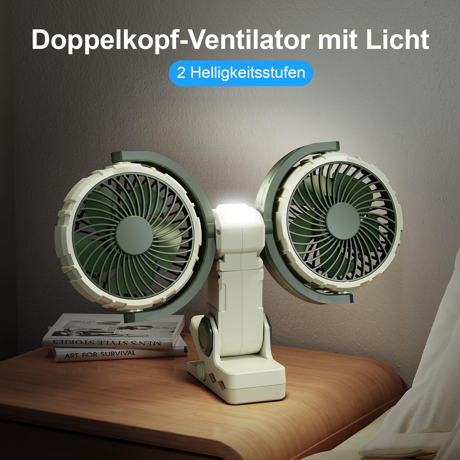 Ventilatore da tavolo a doppia testa con clip on a batteria, USB ricaricabile, rotazione a 360 gradi, ventilatore di raffreddamento personale silenzioso, può essere fissato ai veicoli, verde