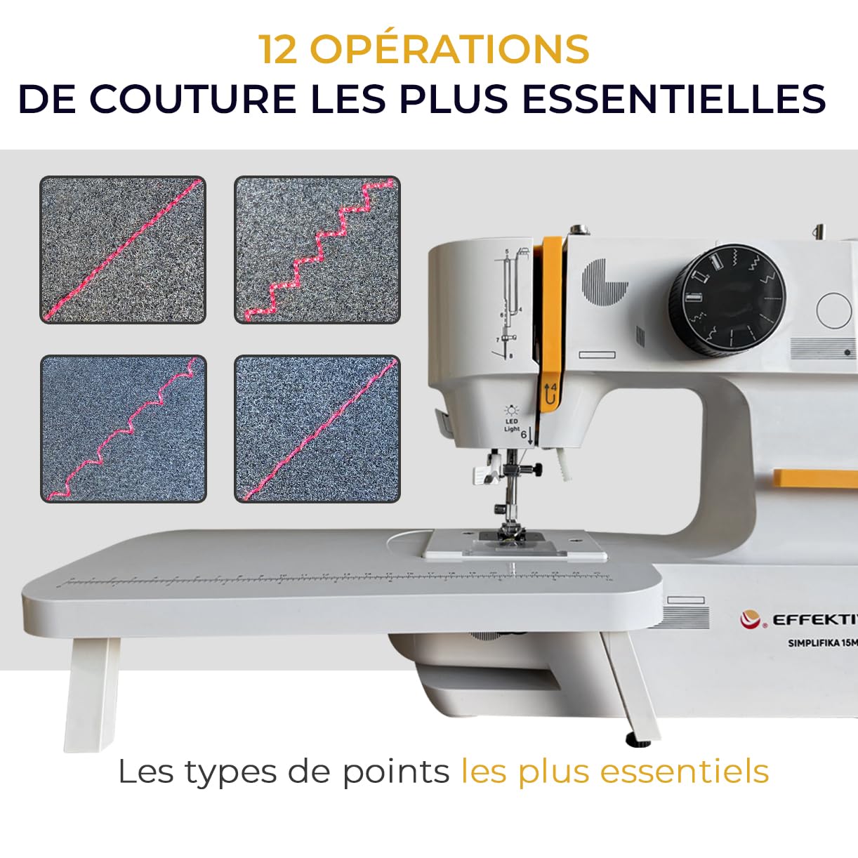 EFFEKTIV Machine à coudre électrique 15 points avec navette horizontale, facile à utiliser pour les débutants, pour la couture domestique, pour tissus épais et fins, table extensible compacte
