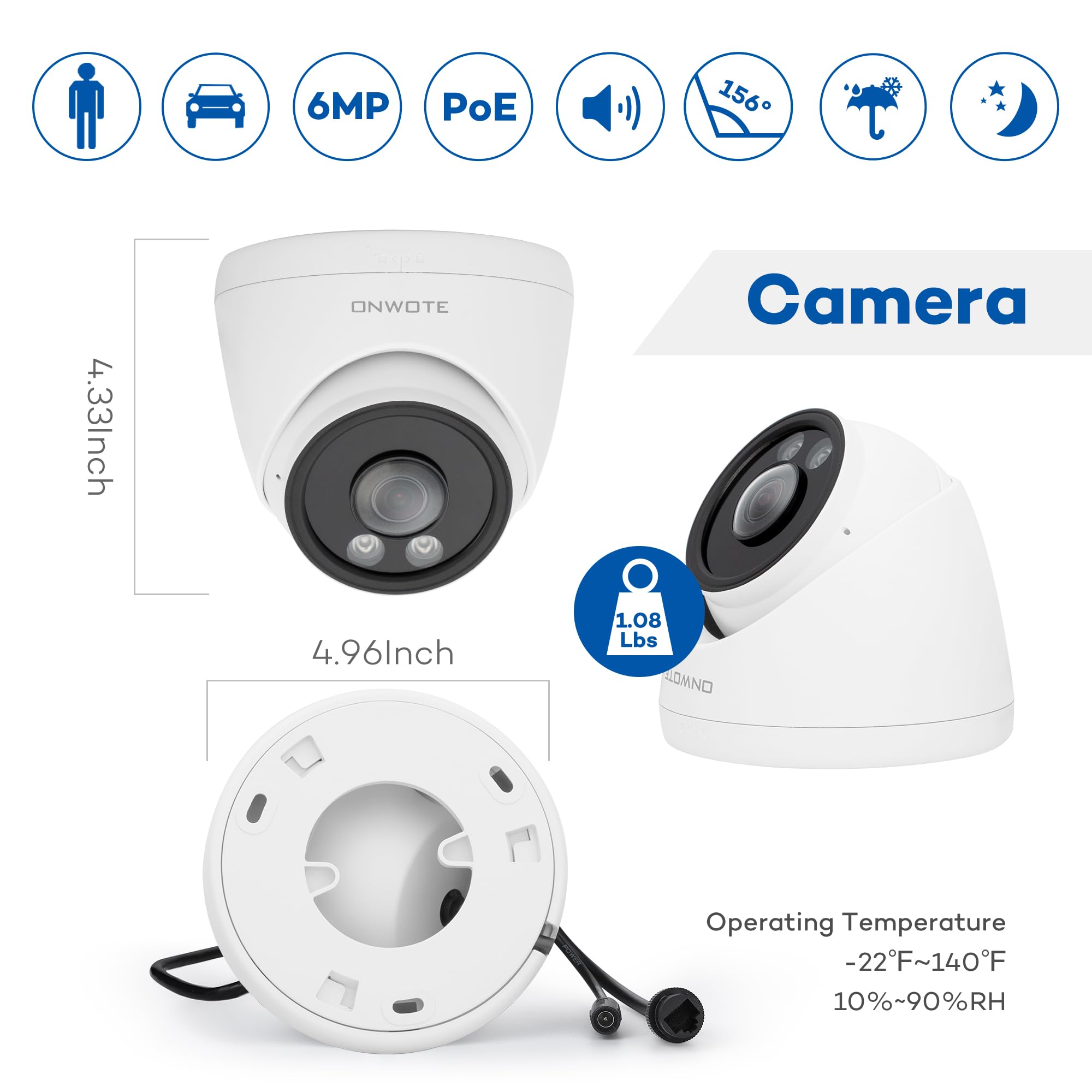ONWOTE 6MP IP POE Outdoor Security Camera With Color Night Vision & AI Human Detection