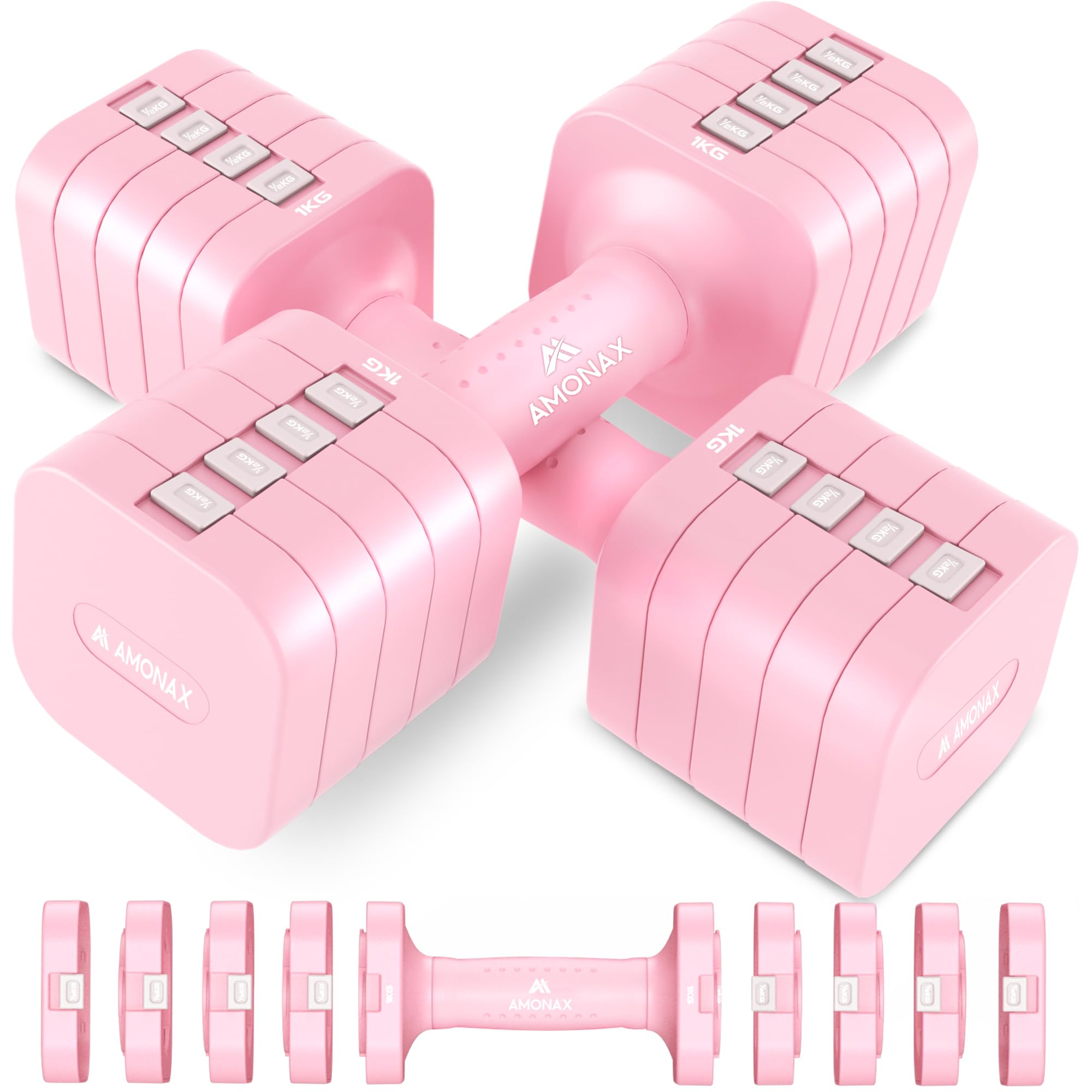 Amonax AMONAX Zestaw hantli regulowanych, 0,9 kg/1,4 kg/1,8 kg/2,3 kg, zestaw hantli 4 w 1, dla kobiet i mężczyzn, wolne ciężarki do domowej siłowni, treningu siłowego