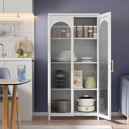 Miniatura 2 de Gabinete de almacenamiento con puertas de cristal,Gabinete de metal para sala de estar, pasillo, cocina, despensa, gabinete de vidrio para
