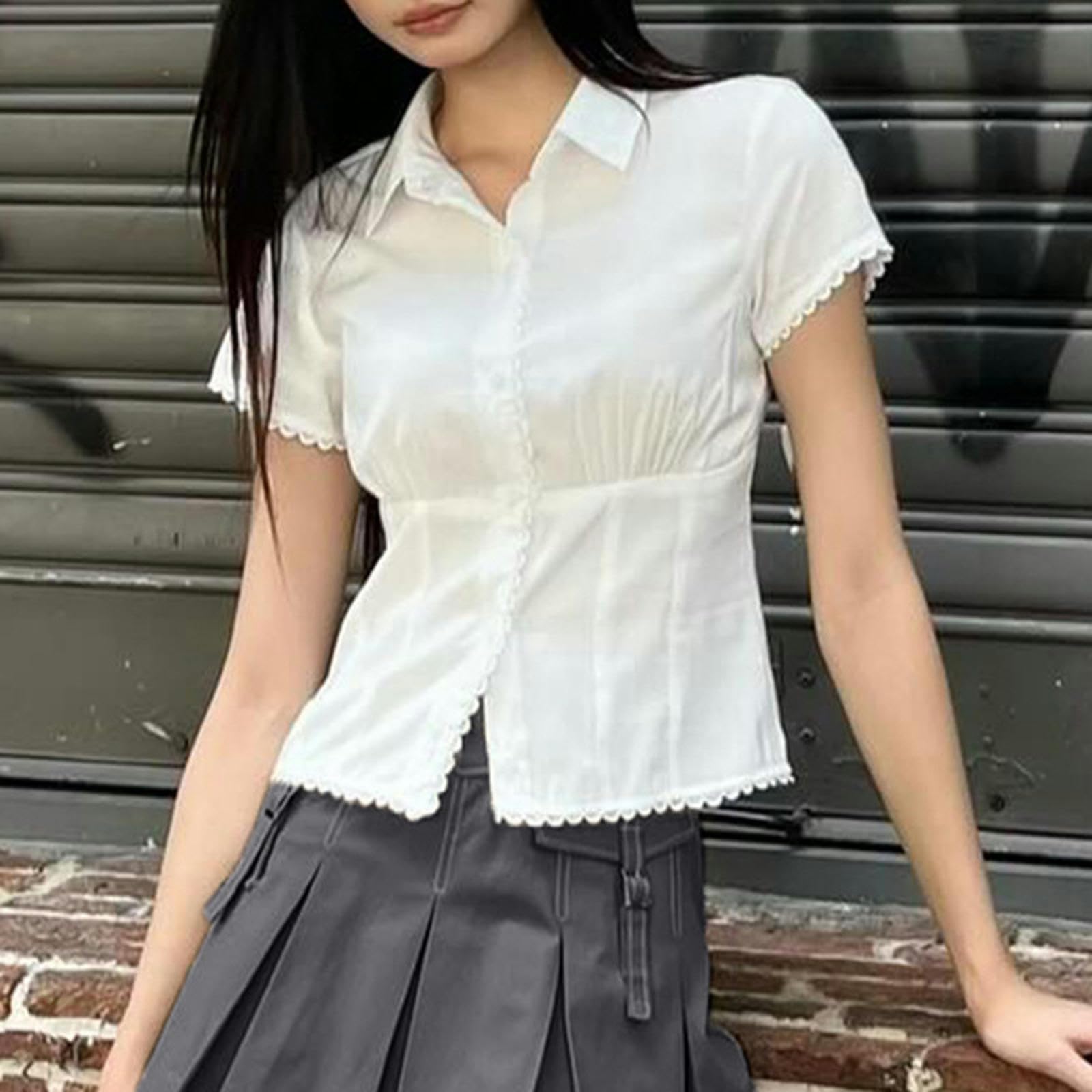 Camisa de Manga Corta con Botones y Solapa de Encaje para niñas, Top Corto versátil y Dulce Que Reduce la Edad - Blanco (Incluye Corbata) - L