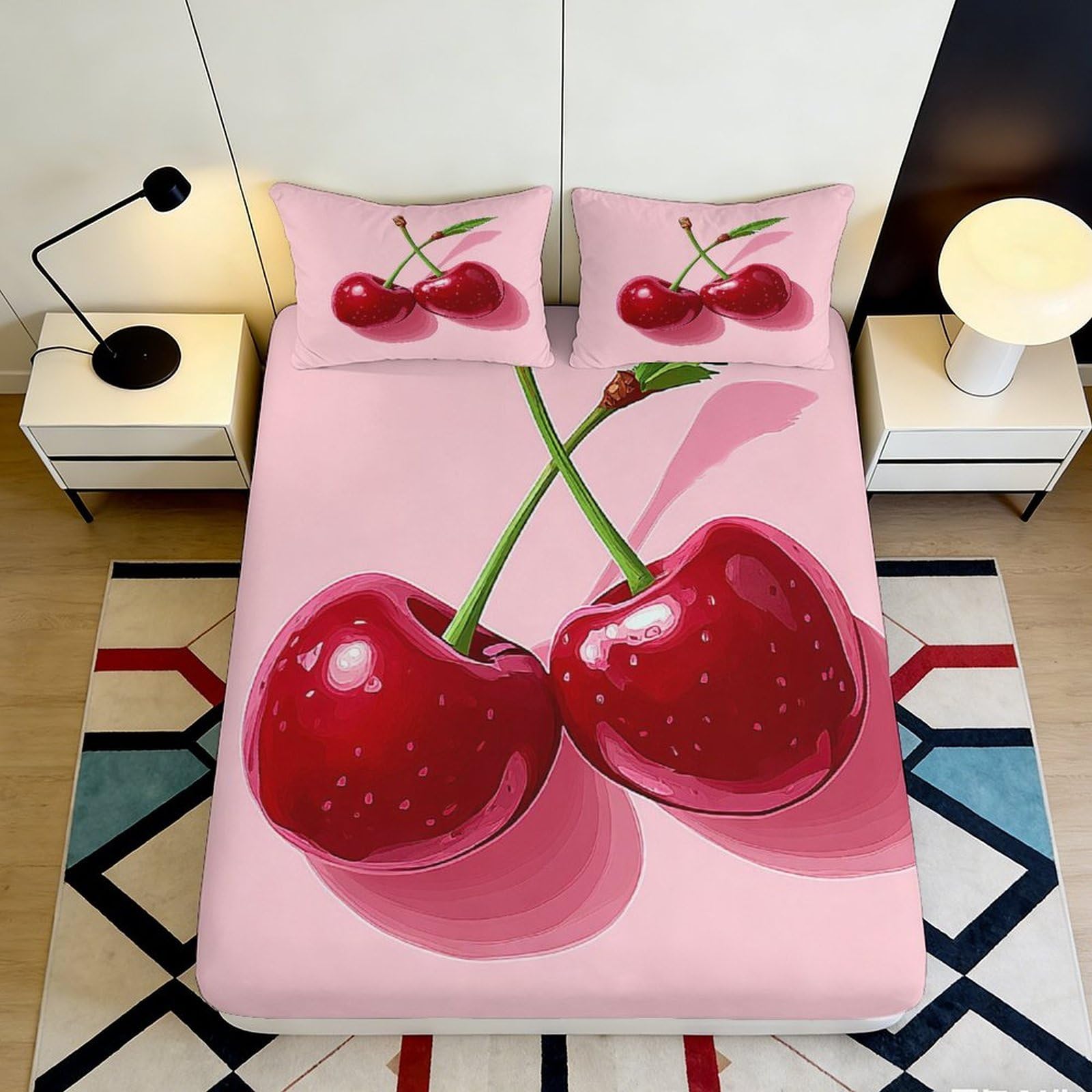 Jqzkxnhpbr Style-6 3D Printed Cherry Pattern Fitted Sheet Microfiber Soft Pink Fruit Design Mattress Cover For Bedroom Dorm Decor 90X200x25cm