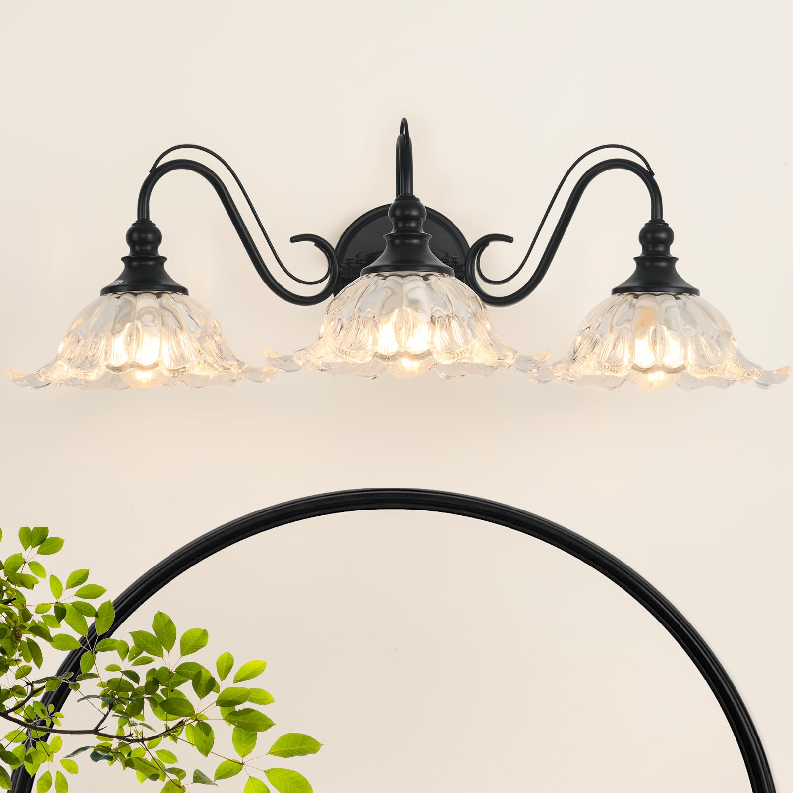 Vintage-Badezimmerleuchte, 3-flammig, antikes mattschwarzes Finish mit klaren blumenförmigen Glasschirmen, E26-Sockel, 64 cm (25,2 Zoll) Waschtischleuchte, Badezimmer-Beleuchtung über