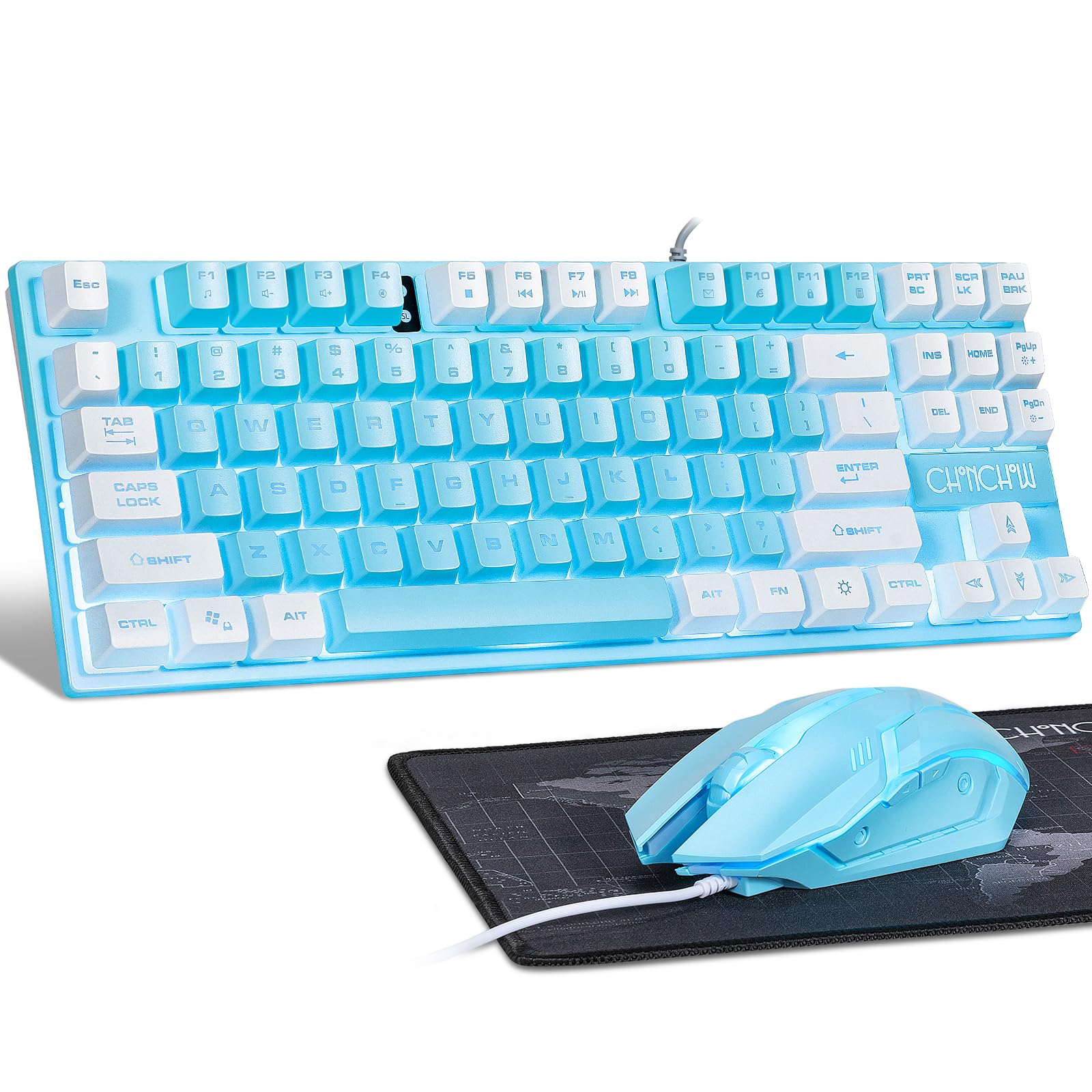 Teclado y mouse azules, 87 teclas TKL USB con cable LED retroiluminado | Ratón RGB de 800-3200 DPI, combo de mouse y teclado azul para PS4, PS5, PC, laptop, Mac
