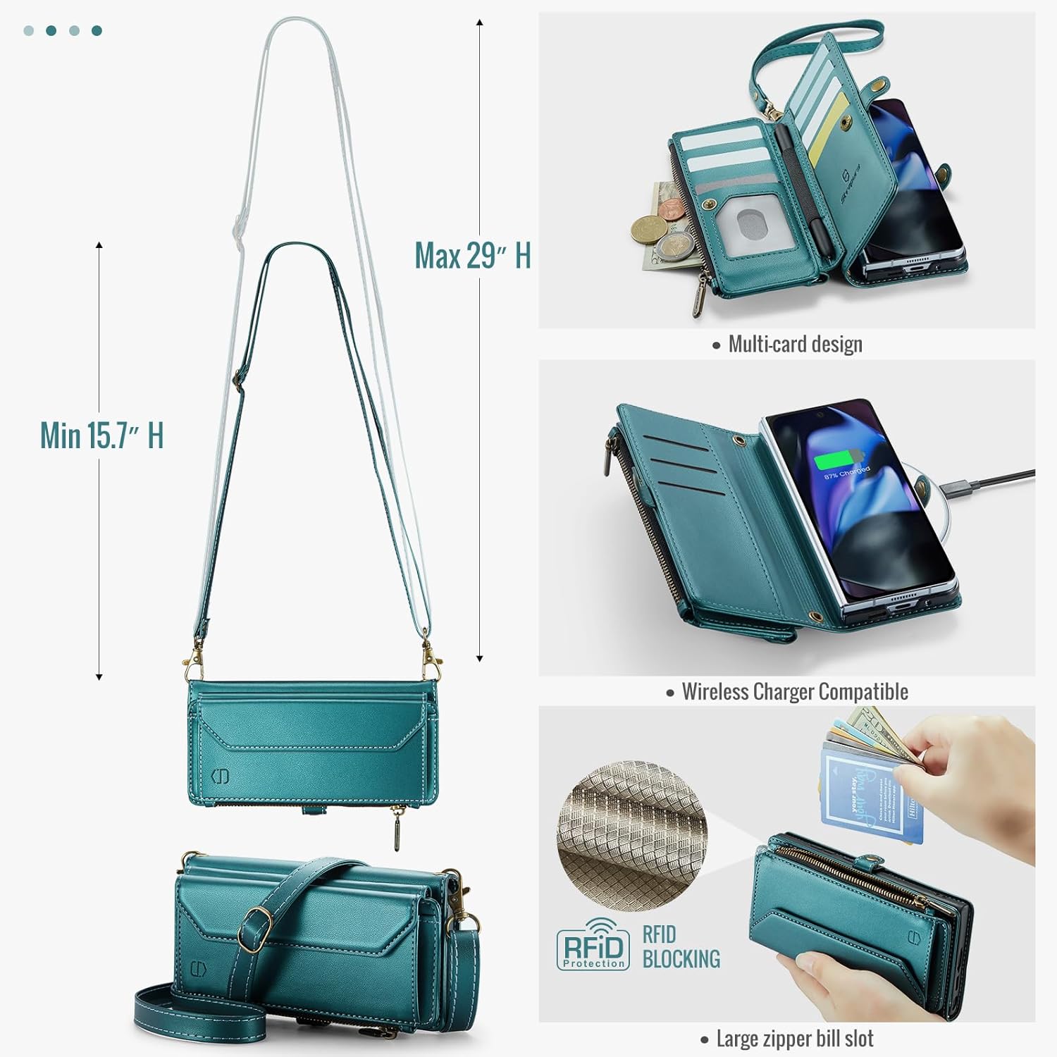 Strapurs Crossbody Wallet Case Compatible with Google Pixel 9 Pro Fold RFID Blocking 10-Card Holder Soft PU Leather Magnetic Snap Shoulder Strap Zipper Phone Case Fit for Pixel 9 Pro Fold - Blue Green