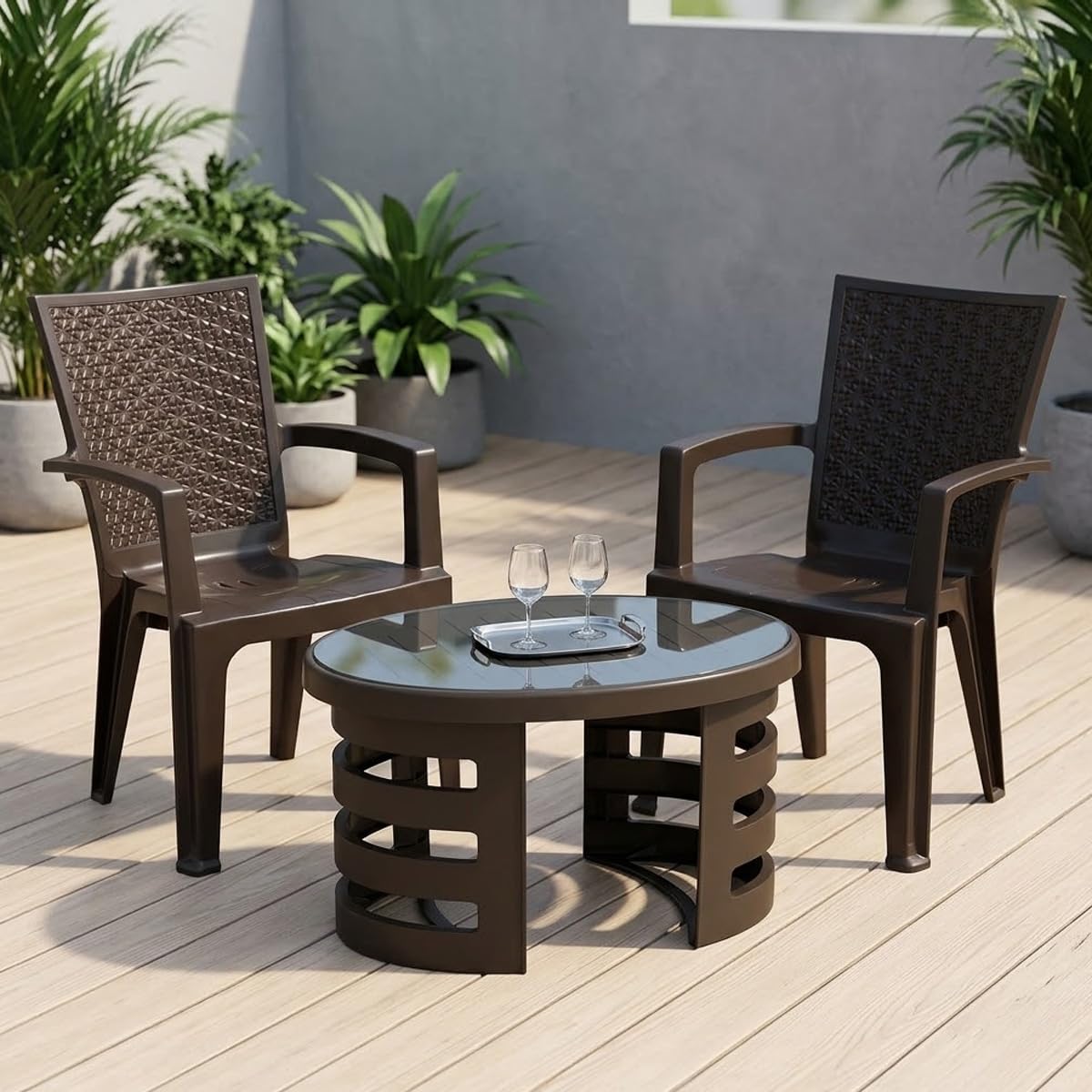 Nilkamal CHR2225 Chair and Mystique Glass Top Coffee Table Set | 2 Chairs and 1 Table | Plastic Furniture Set for Indoor and Outdoor Use, Balcony, Garden, Patio| Weather Brown and Season Rust Brown-image-6