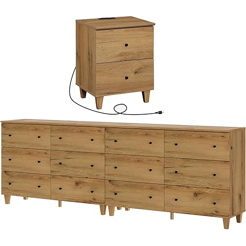 WAMPAT Dressers and Nightstand Set of 3, 94.4 Inches Wood Dresser with 12 Drawers, 1 Piece Nightstand with Drawers and Charging Station, Bedroom Furniture Set, Oak Brown
