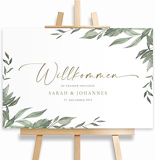 Willkommensschild Hochzeit Greenery personalisiert mit Datum und Namen, Hochzeitsdeko, Aufsteller Willkommen Schild, Grün, Leinwand, 60x40, (HEI Print)