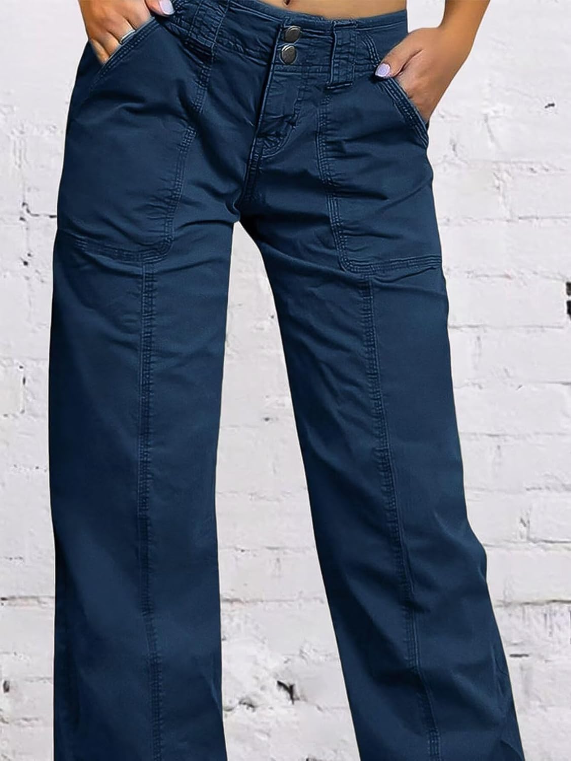 Flamingals Women Straight Leg Mid Rise Casual Solid Seam Front Flap Pocket Pants - Image 2