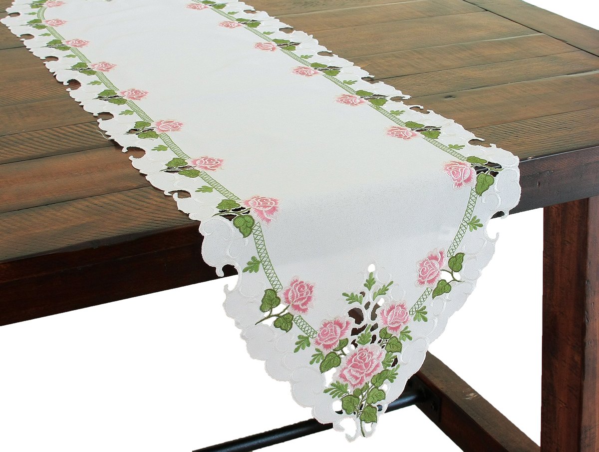 Rose d'été brodée Cutwork Mini Spring Chemin de Table, Blanc, 15 by 54-inch