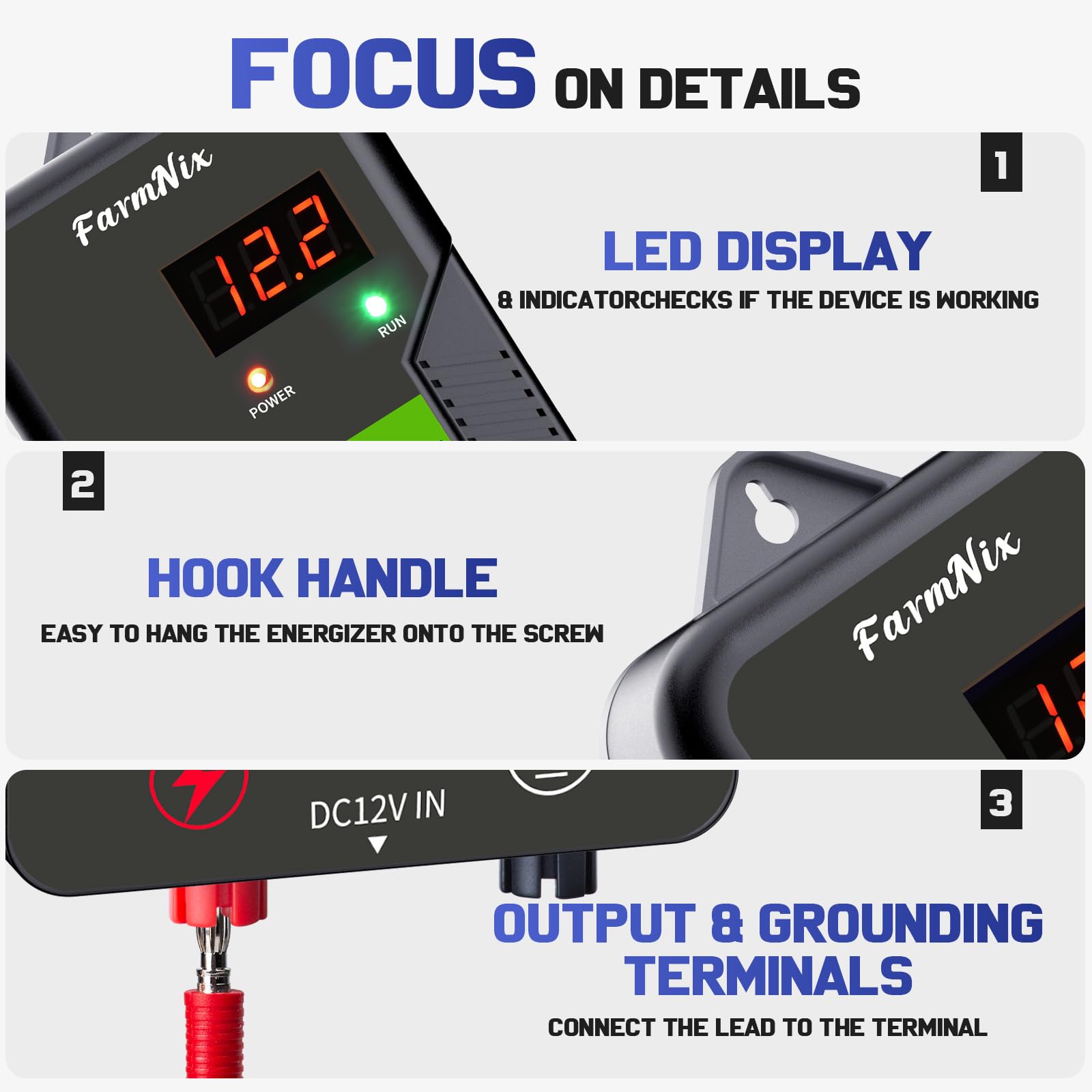 Recinto Elettrico per Animali a 12V con Display a LED, Portata 15 km, 2 Joule Elettrificatore per Recinto Elettrico 12KV per La Protezione di Bestiame, Pascoli Centralina di Controllo(Nero Grigio)