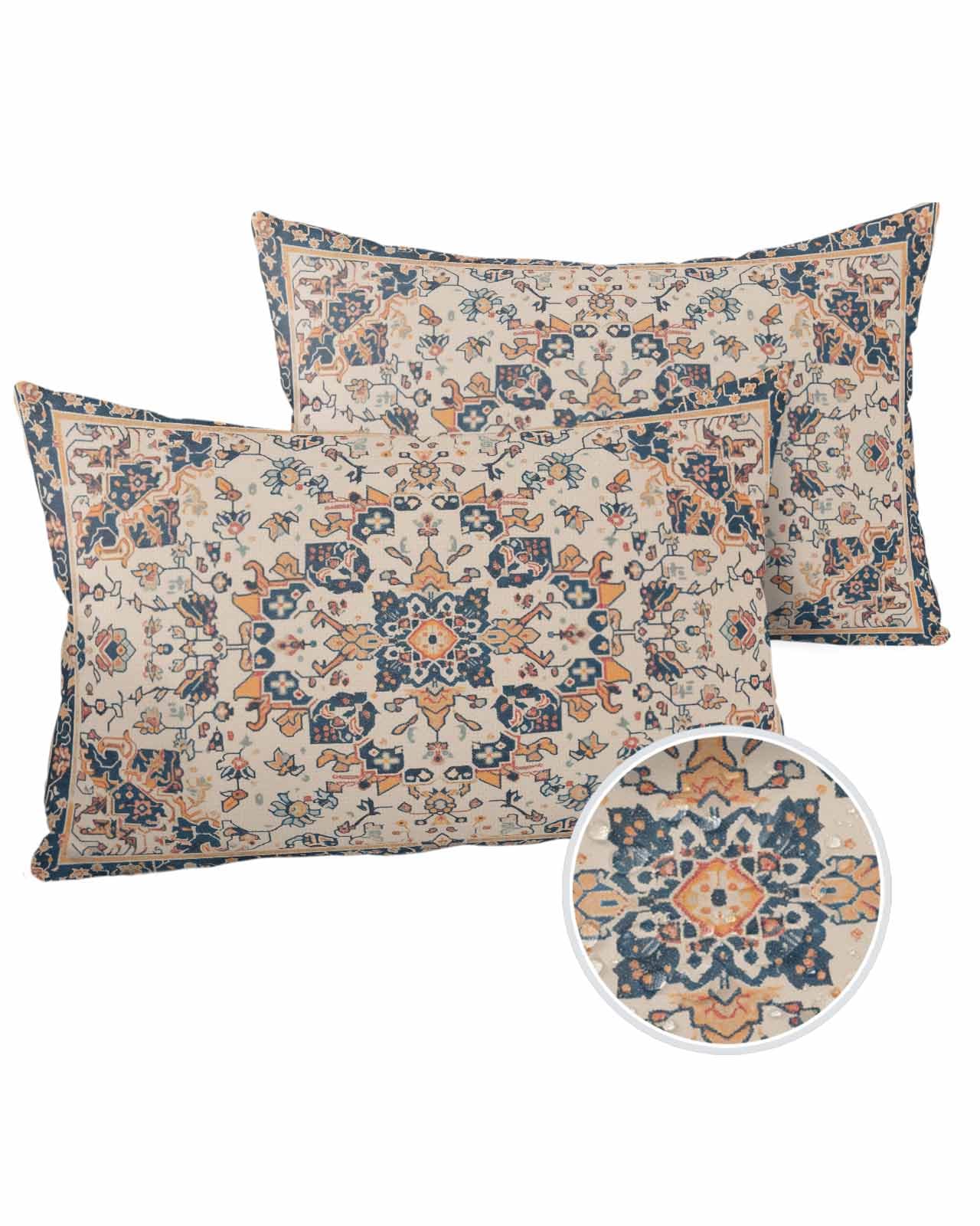 Lumbar Pillow Covers 12 x 20 in, Boho Blue Orange Waterproof Throw Pillow Cover Set of 2, Southwestern Ethnic Mexican Flowers Rustic Home Decorative Rectangle Cushion Covers for Patio/Couch/Garden