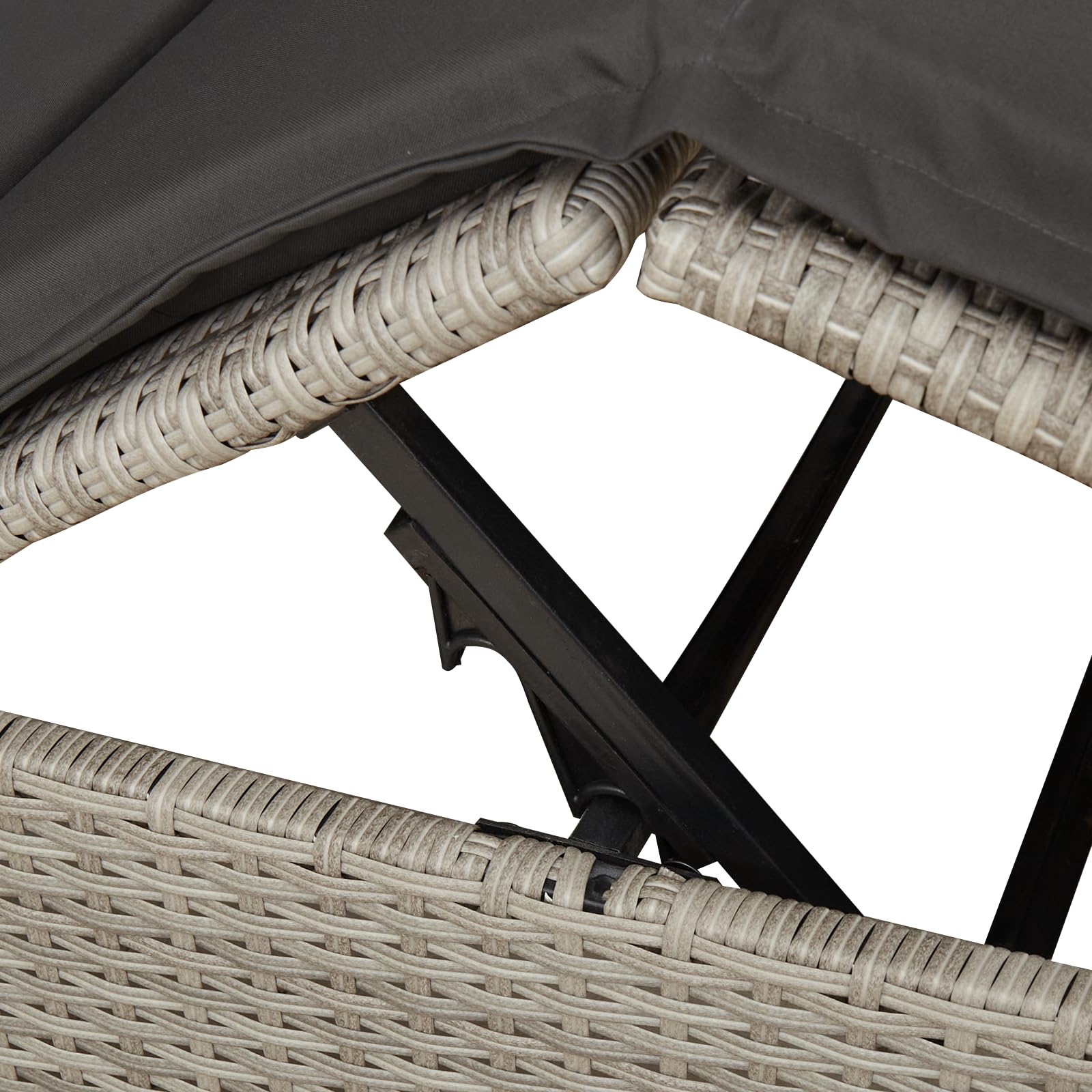 Chaise longue double avec toit et rideaux gris clair en polyrotin - Lit de jour d'extérieur avec auvent pour deux personnes, appuie-tête réglables et coussins résistants aux intempéries