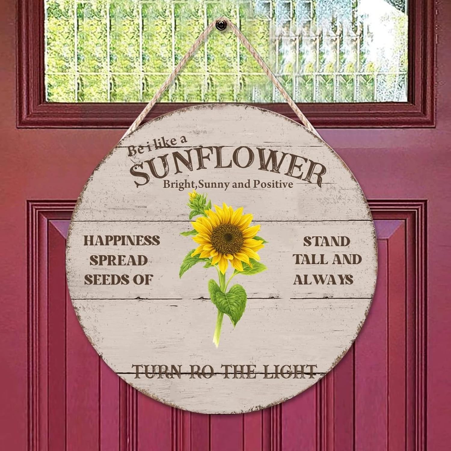Sunflower Round Door Hanger Sign, Bright Wood Door Sign, 16x16in Vintage Wall Hanging Sign Plaque Farmhouse Front Porch Decor Housewarming Gifts
