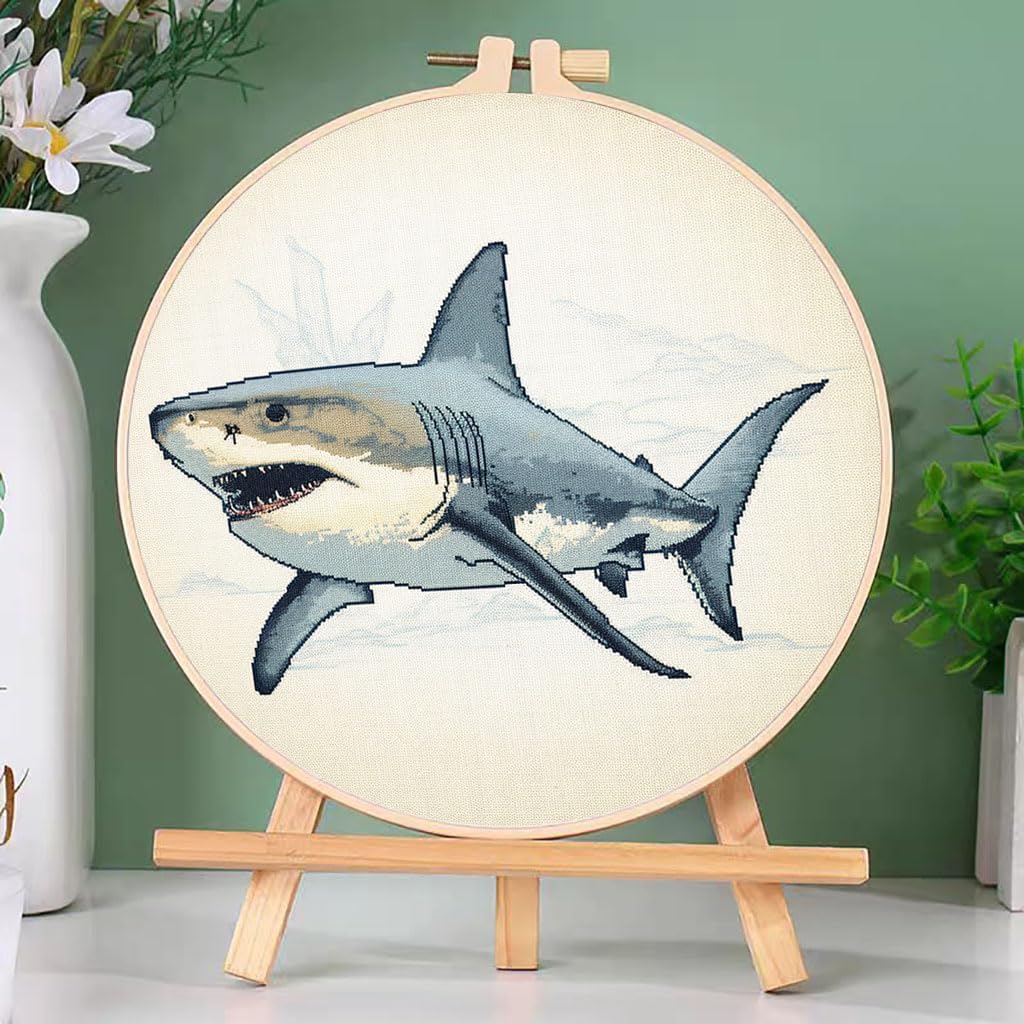 DIY Cross Stitch Kits Shark with Hoop 20x20cm-2