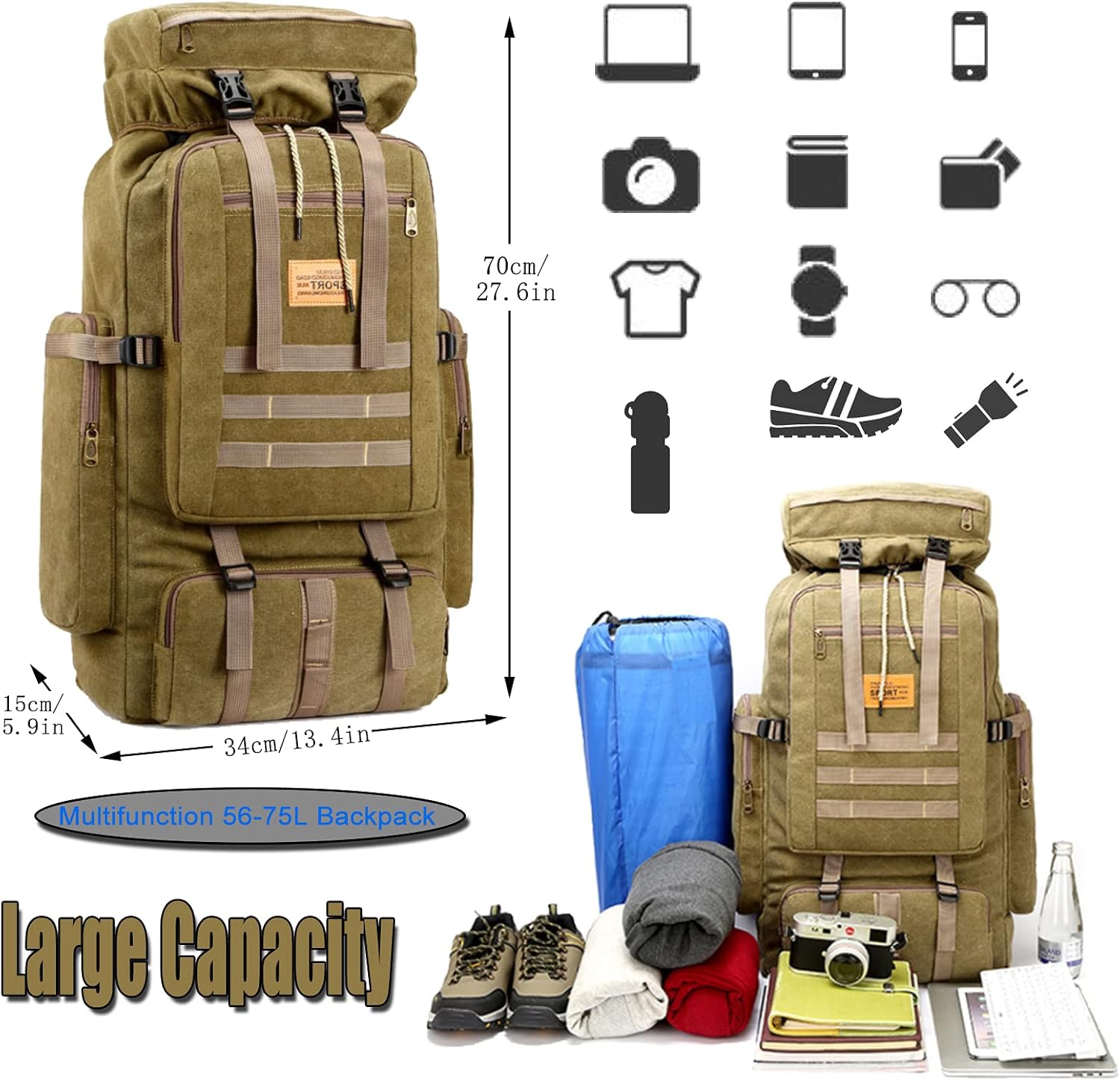 Outdoor Tactical Backpack,Mountaineering Backpack,75L Large Capacity Waterproof Military Backpack for Camping Hiking Traveling (ArmyGreen)