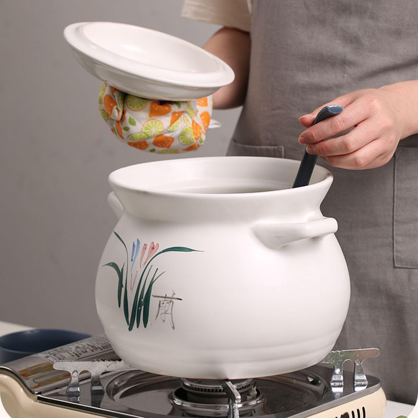 Olla de cerámica de barro con tapa para hacer guisos, gachas, sopa, 6,2 l