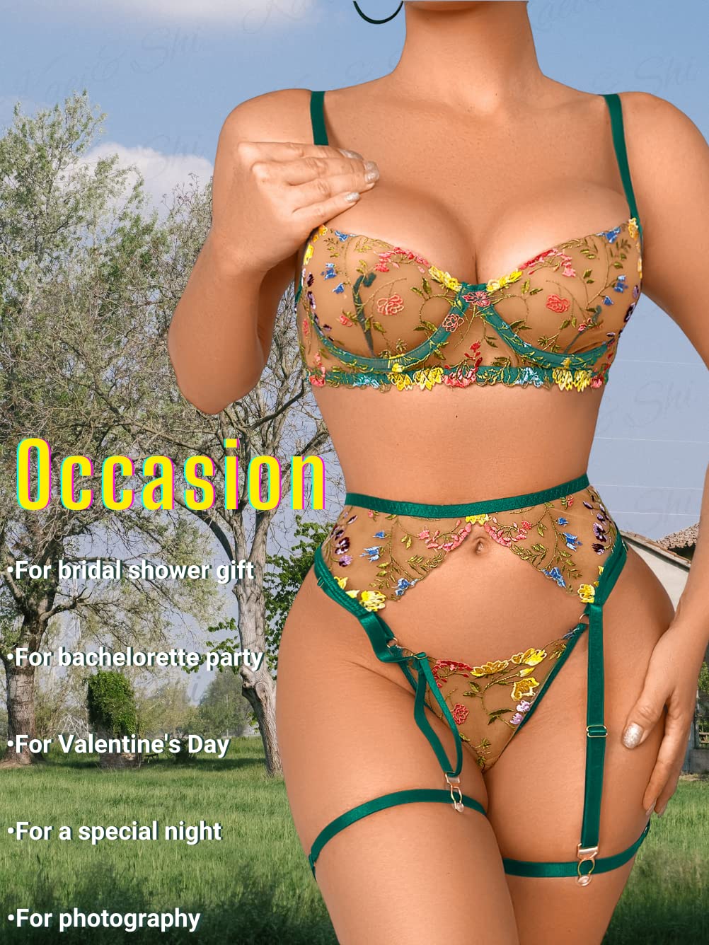 Kaei&Shi Vibrant Floral Embroidery, Underwire, Thong, Thigh Straps, Lingerie Set: 12 Green