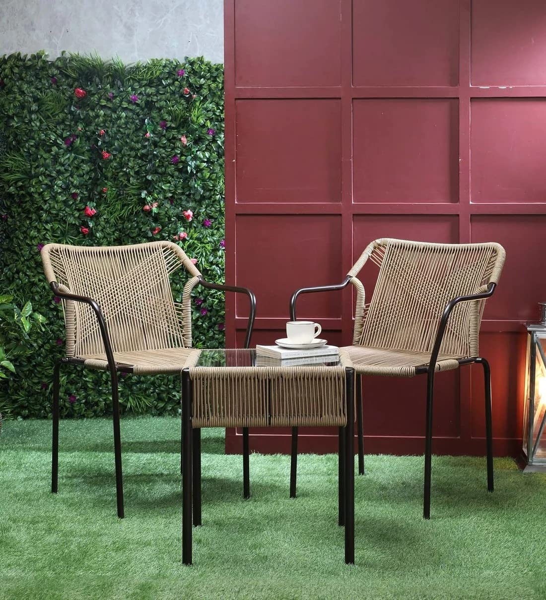 Rope Chairs with Glass Top Square Coffee Table Furniture Chairs with Cushions Garden Outdoor FurnitureBrown-image-47