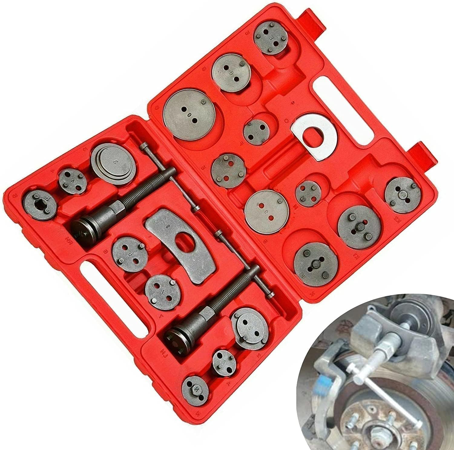 VLAND 22 PCS Set di strumenti universali per il ritorno dei pistoni dei freni dell'auto, 18 adattatori + 2 viti di pressione + 2 piastre di ritenzione