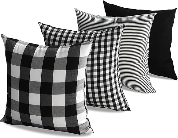 CARRIE HOME Black and White Buffalo Plaid Outdoor Throw Pillow Covers 18x18 Set of 4 Buffalo Check Farmhouse Decor for Couch Room and Front Porch