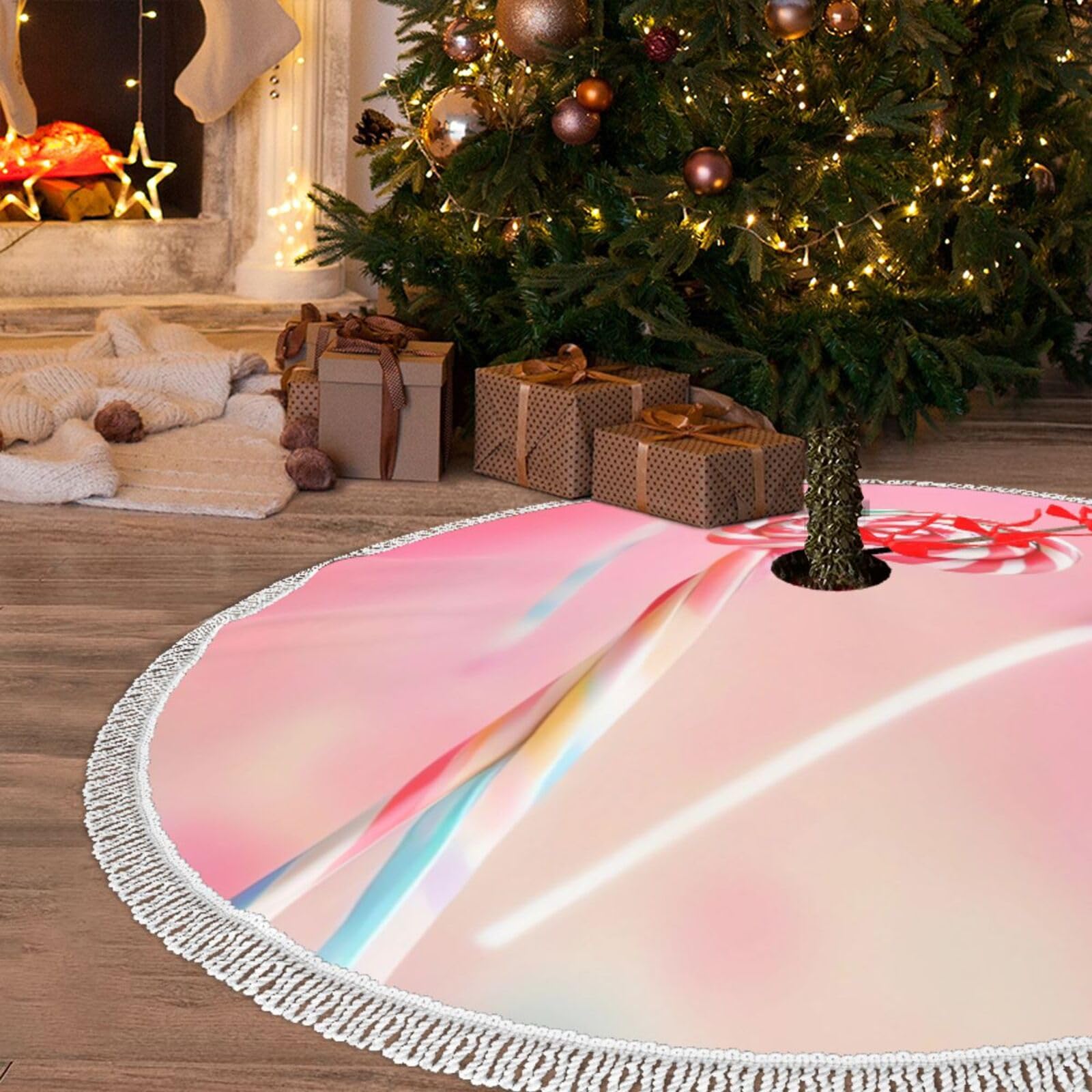 Jupe de sapin de Noël imperméable avec pompons colorés et grand tapis rustique 121cm
