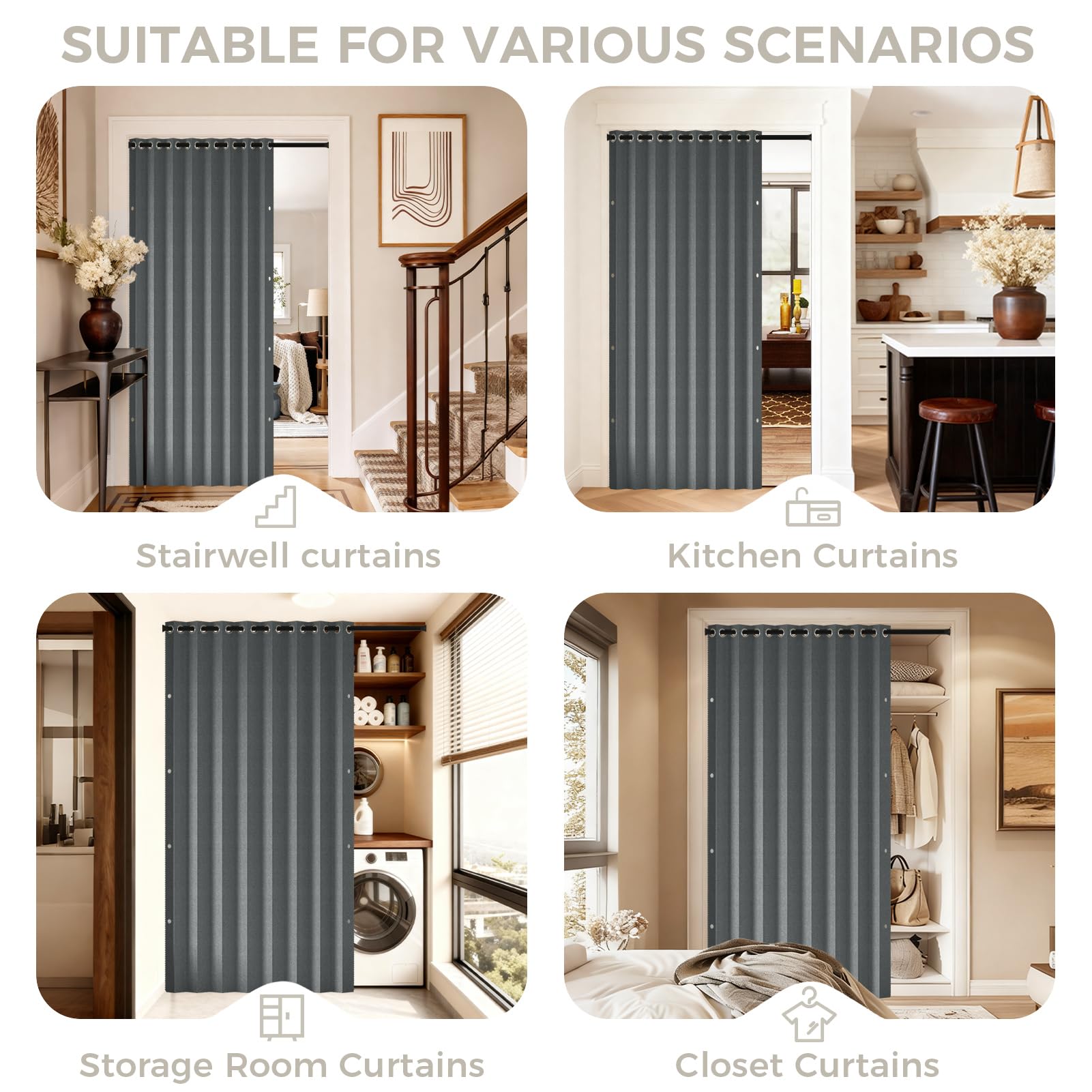 Cortina de Puerta Magnética Opaca - Incluye Barra Telescópica Ajustable Cocina, como Cortina Separadora de Habitaciones, Cortina para Armario sin Puertas y Dormitorio, Gris