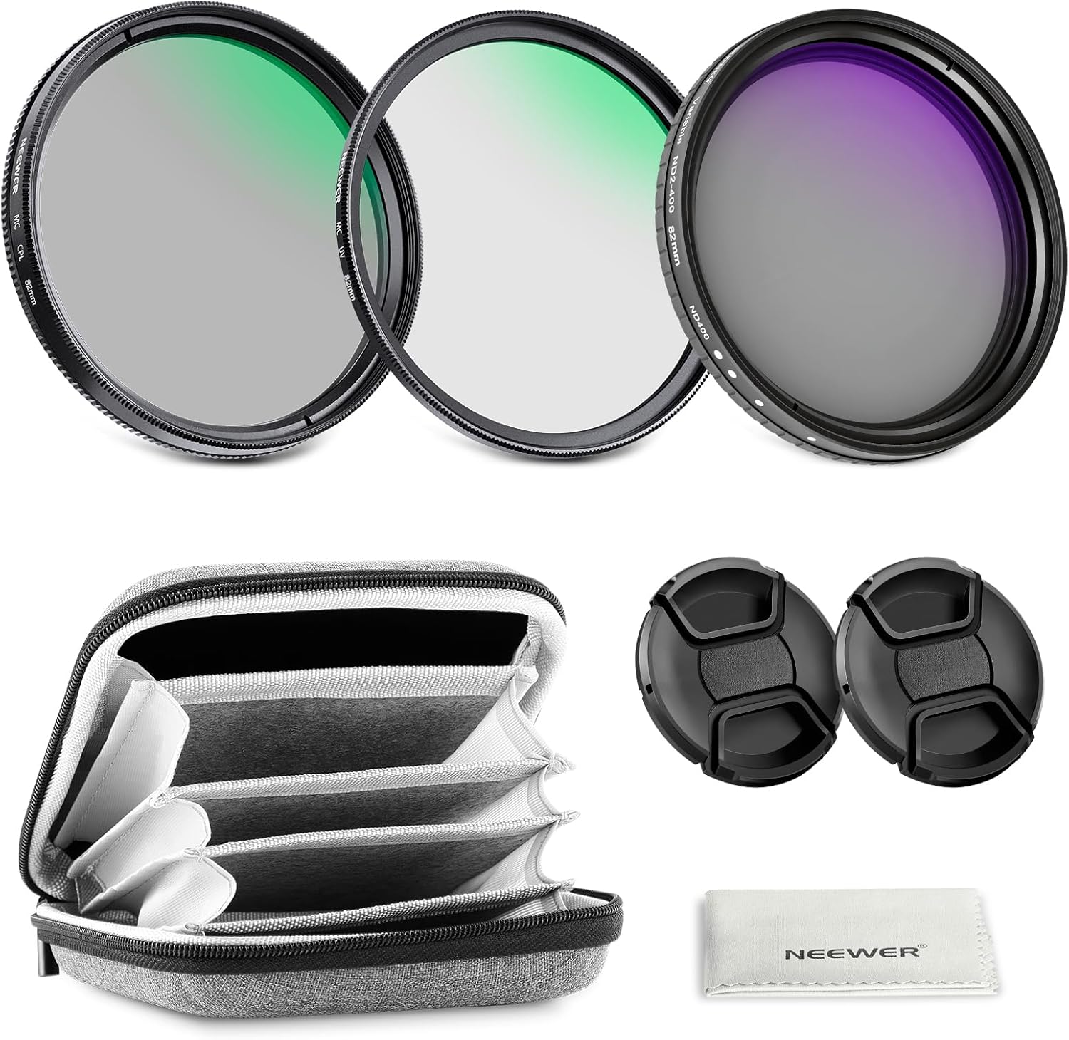 NEEWER 82mm Variable ND + CPL + UV Filter Kit (3 Pack), Multicoated Neutral Density (ND2-400) Circular Polarizer Camera Lens Polarizing Filter Photography Accessories Set with Carry Case & Lens Caps