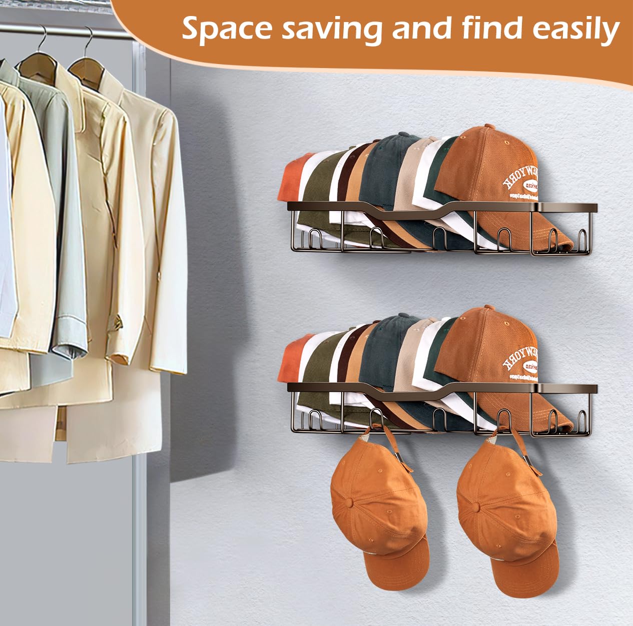 KEETDY Organizador de sombreros de metal para gorras de béisbol, organizador de sombreros de pared para 20 gorras, 2 paquetes de organizador de almacenamiento de sombreros resistente montado en la