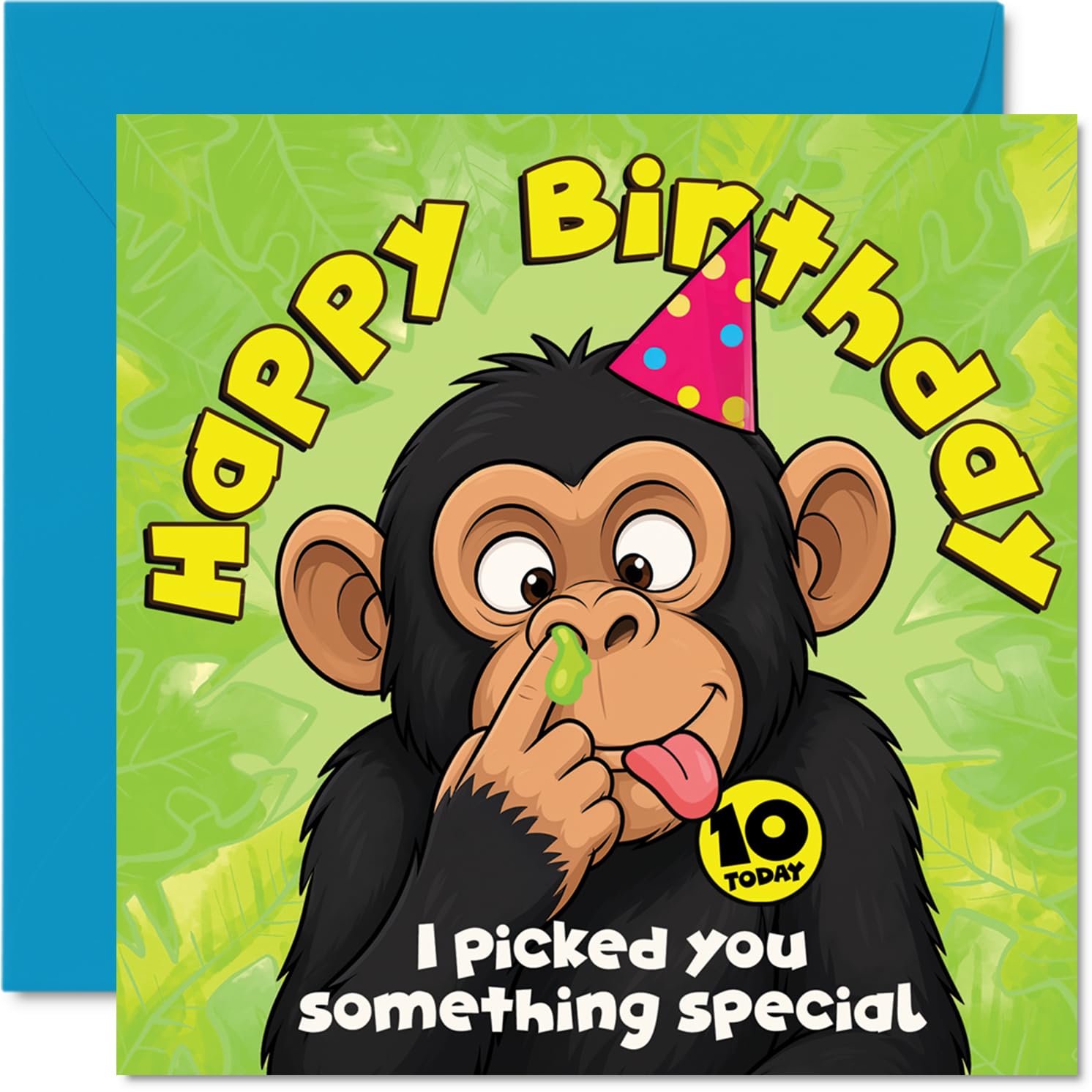 Cheeky 10th Birthday Card - Go Wild with Birthday Laughs - Cartoon Monkey Picking Its Nose in Party Hat - Silly Fun for a Memorable 10th - 145mm Square, Envelope Included