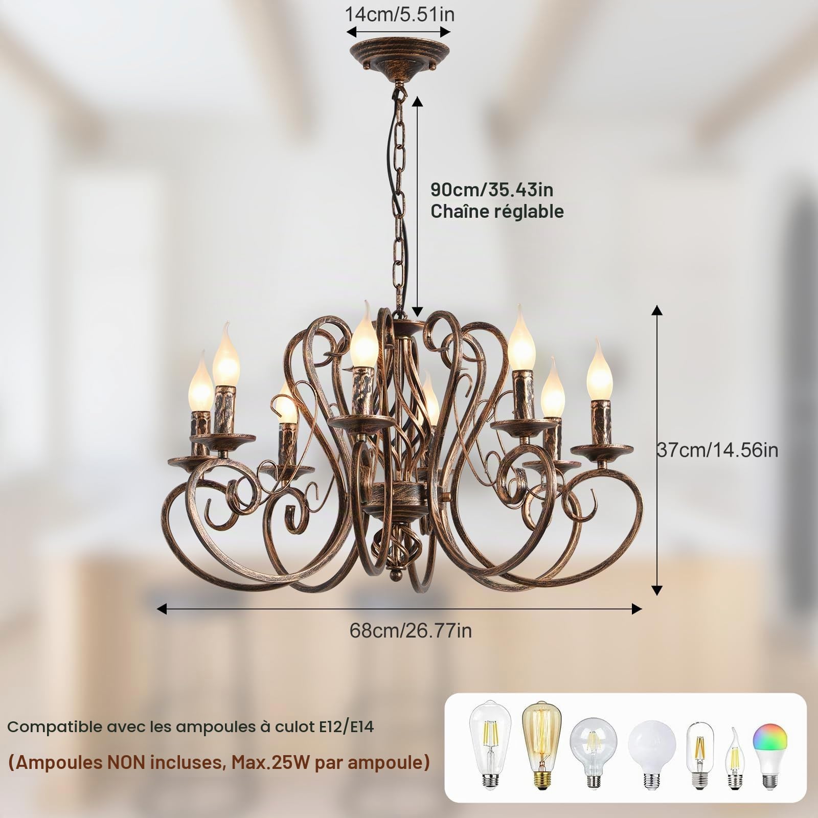 Ganeed Lustre Français Pays Bronze 8 Lumières Métal | Vintage rustique suspendu réglable pour cuisine salon éclairage chaleureux