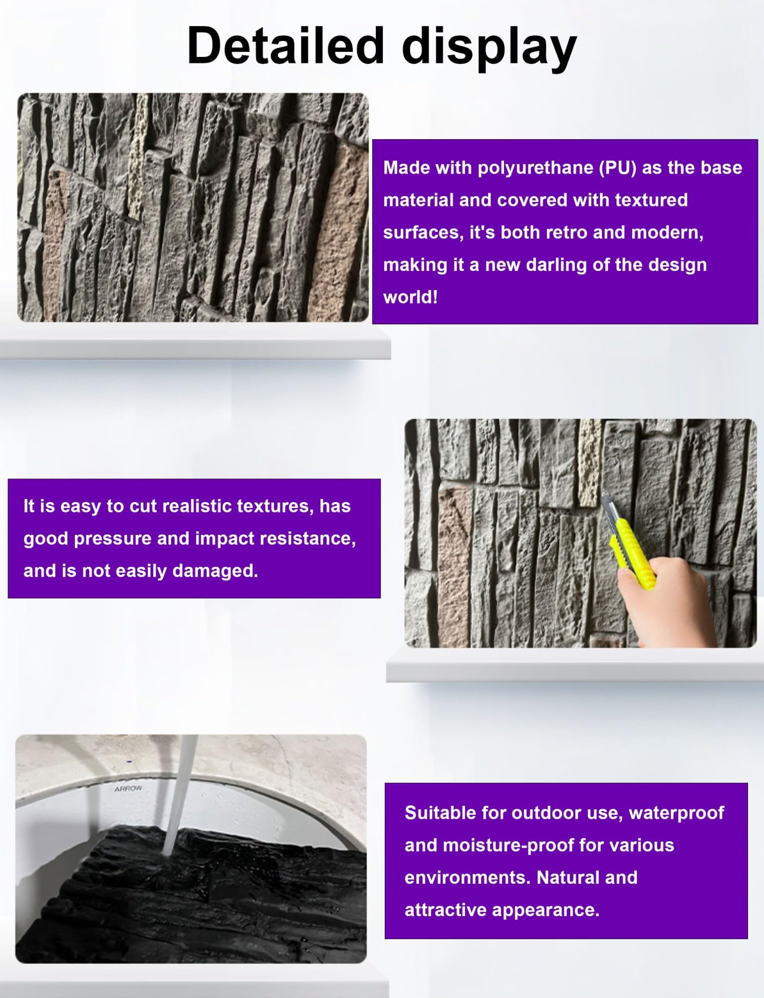 3 paneles de pared de piedra sintética 3D sin juntas, imitación piedra, revestimiento ligero for decoración de paredes interiores y exteriores(H)