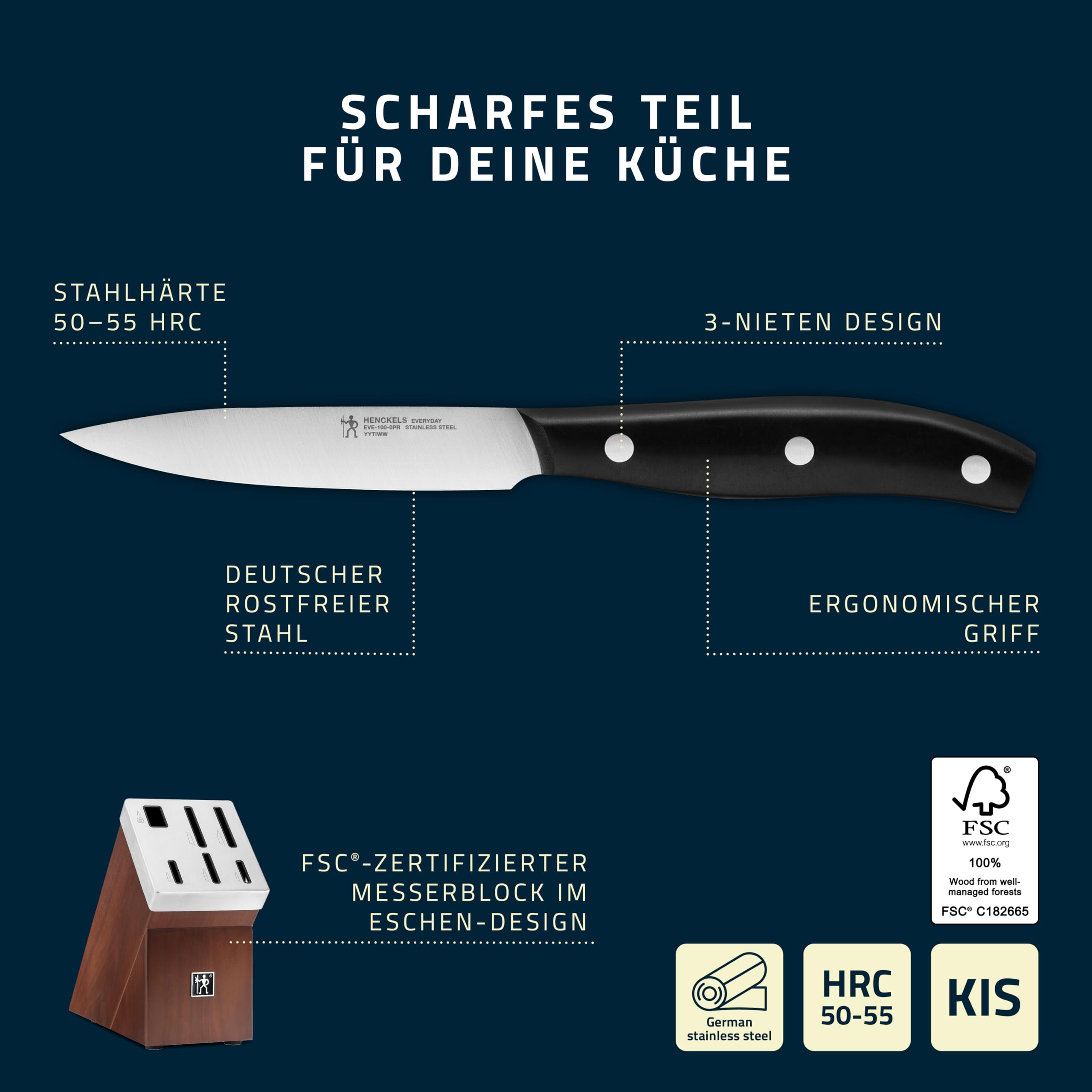 HENCKELS Everyday Selbstschärfender Messerblock 7-teilig, Schere, Braun | Messer-Set, Esche-Block