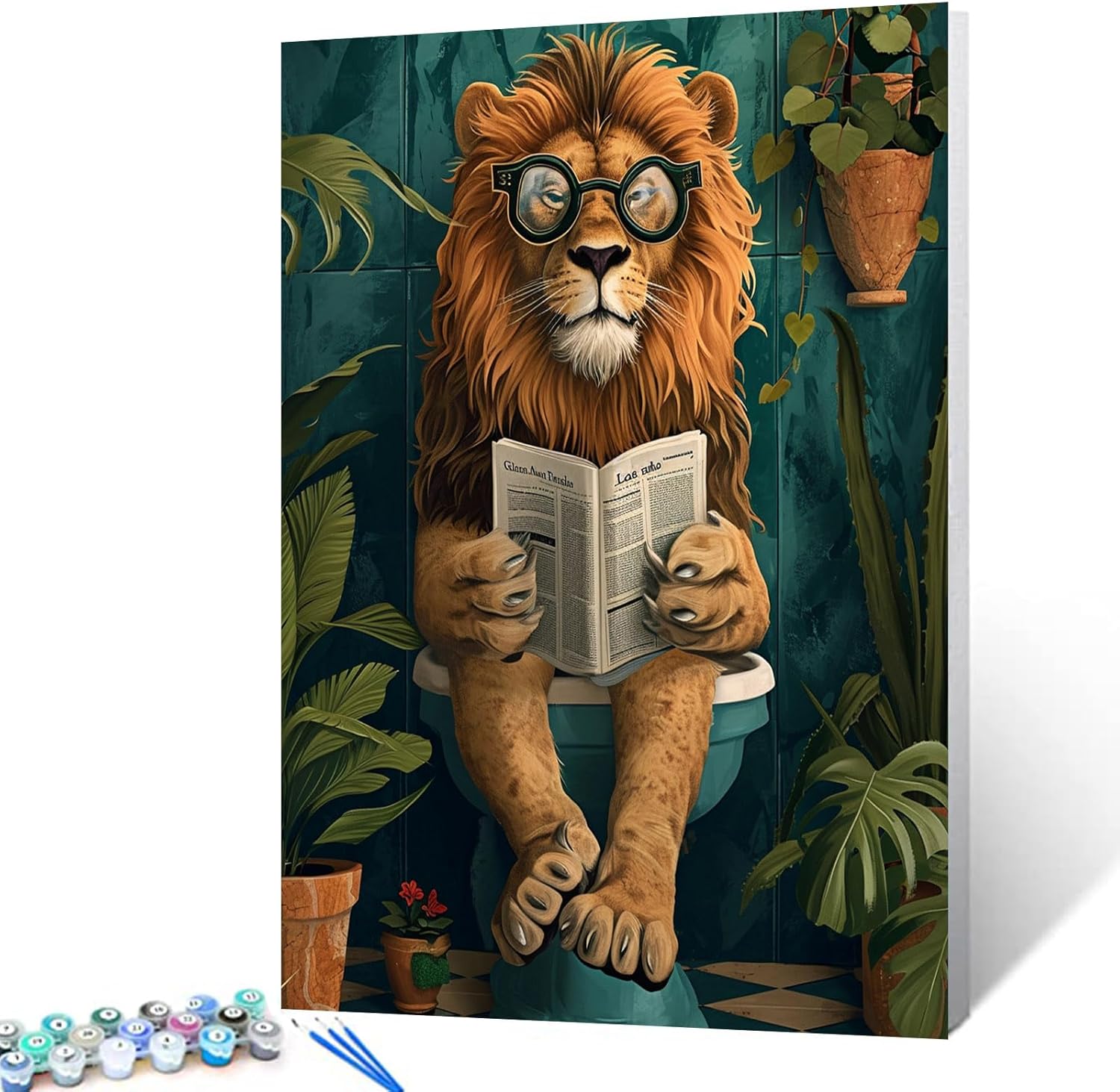 Tucocoo Cute Lion in Toilet DIY Oil Paint by Number Kits for Adults Beginner on Canvas Abstract Animals Watercolor Painting Drawing with Brushes Home Wall Bathroom Decorations16x20Inch Frame