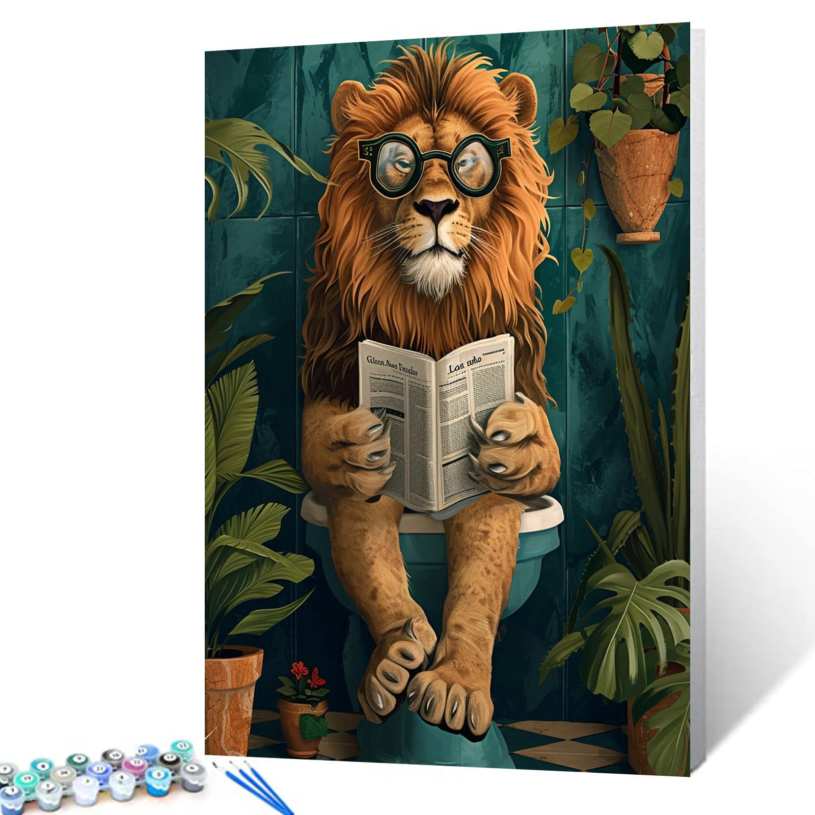 Tucocoo Funny Lion Bathroom Paint by Numbers Kits 16x20 inch Canvas DIY Oil Painting for Adults with Brushes and Acrylic Pigment - Animals Toilet Tropical Plant Picture for Home Decor (Without Frame)