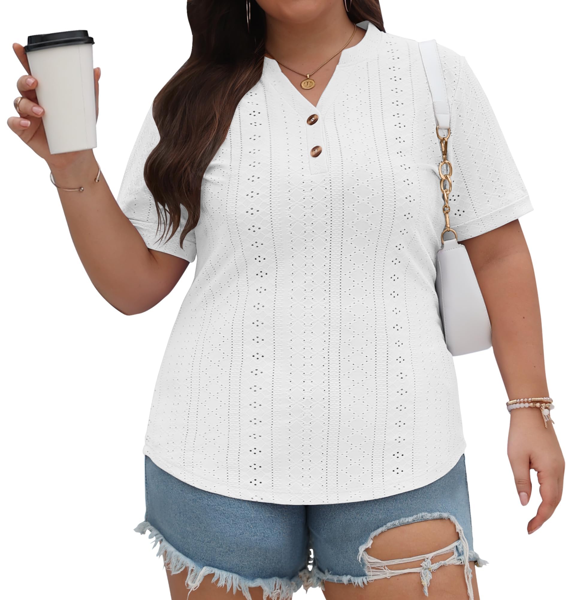 KARALIN Womens Plus Size Tops Roll Short Sleeve V Neck Perforated Buttons Up Tee