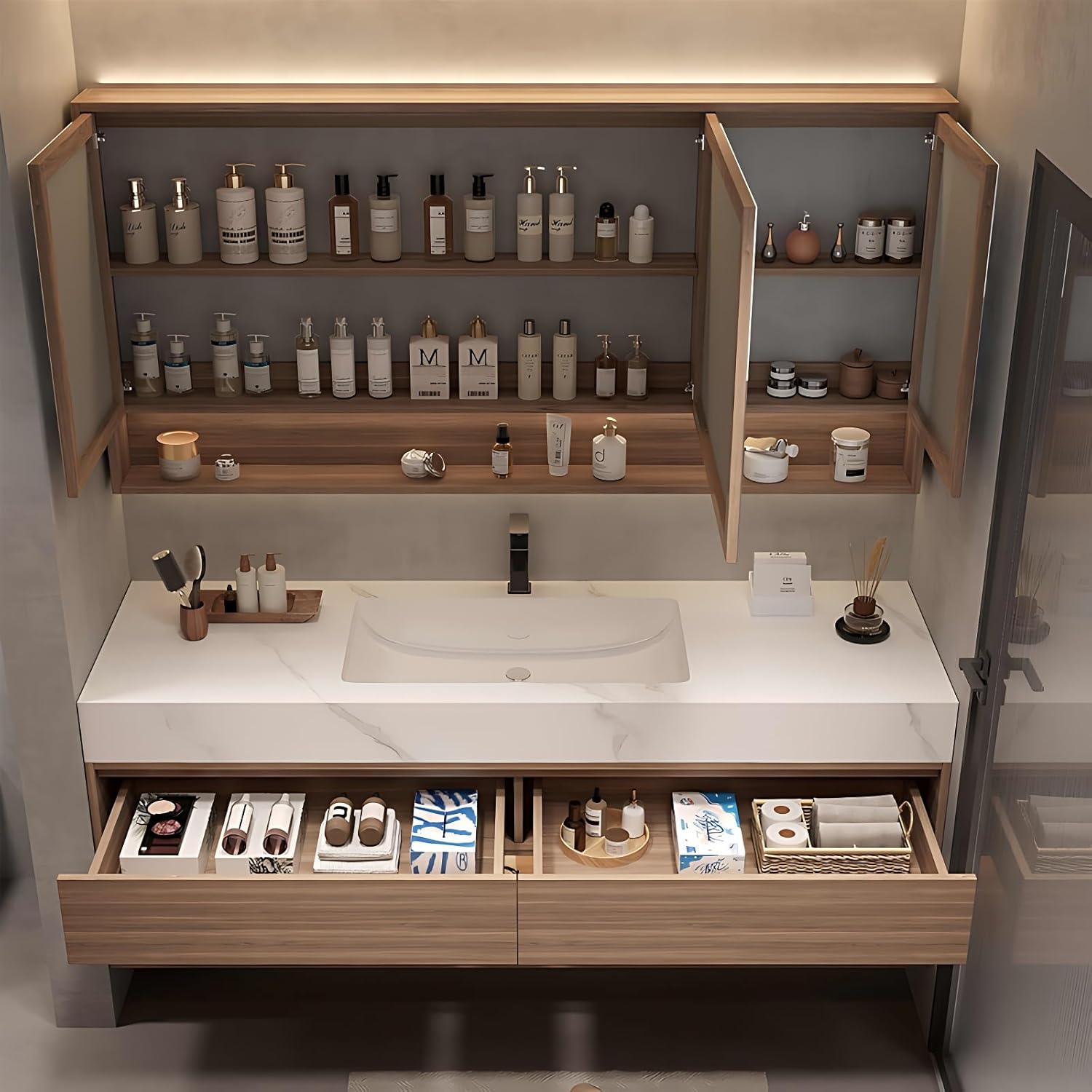 60 in Stylish Bathroom Vanity with Sink - Floating Bathroom Vanity Set - Includes Smart Defogging Mirror Cabinet - Multi-Layer Solid Wood Material - Wall Mount