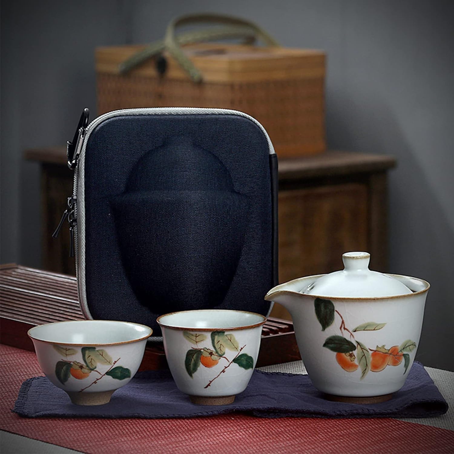 Japoński zestaw do herbaty Kungfu z zaparzaczem, chiński zestaw do herbaty Kung Fu Ręcznie chiński ceramiczny zestaw do herbaty Kungfu, 1 czajniczek i 2 filiżanki do herbaty, Happy Persimmon