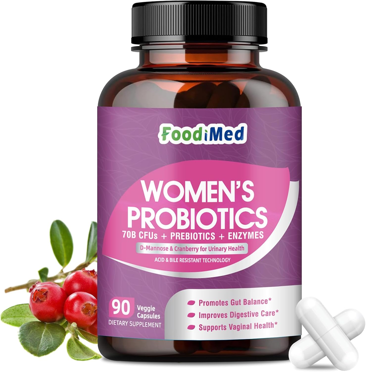 Probiotics for Women Digestive Health, 70 Billion CFUs Womens Probiotic with Digestive Enzymes & Prebiotics & Cranberry for Gut, Immune & Urinary Tract Balance, Delayed-Release, 90 Veggie Capsules