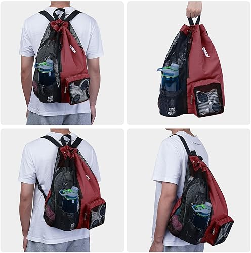 Vista 91 de WANDF Mochila de malla con cordón y bolsillo húmedo para natación, gimnasio y equipo de entrenamiento Negro