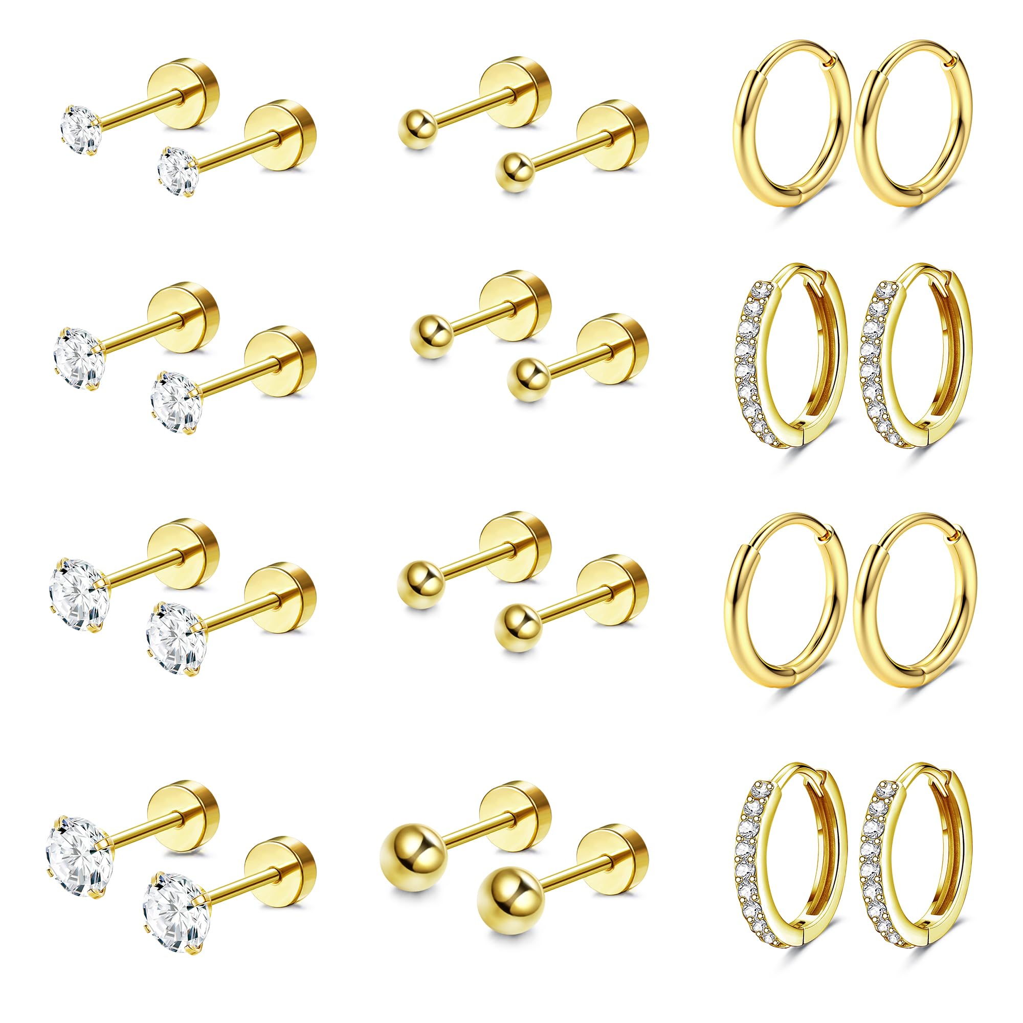 Diamday 12Pares Pendientes Mujer Acero Quirurgico Pendientes Dorados Piercing Oreja Pendientes Aro Plata Helix Cartílago Tragus Pendientes Pequeños Aros Juego Mujer Múltiples Piercings Hipoalergénicos